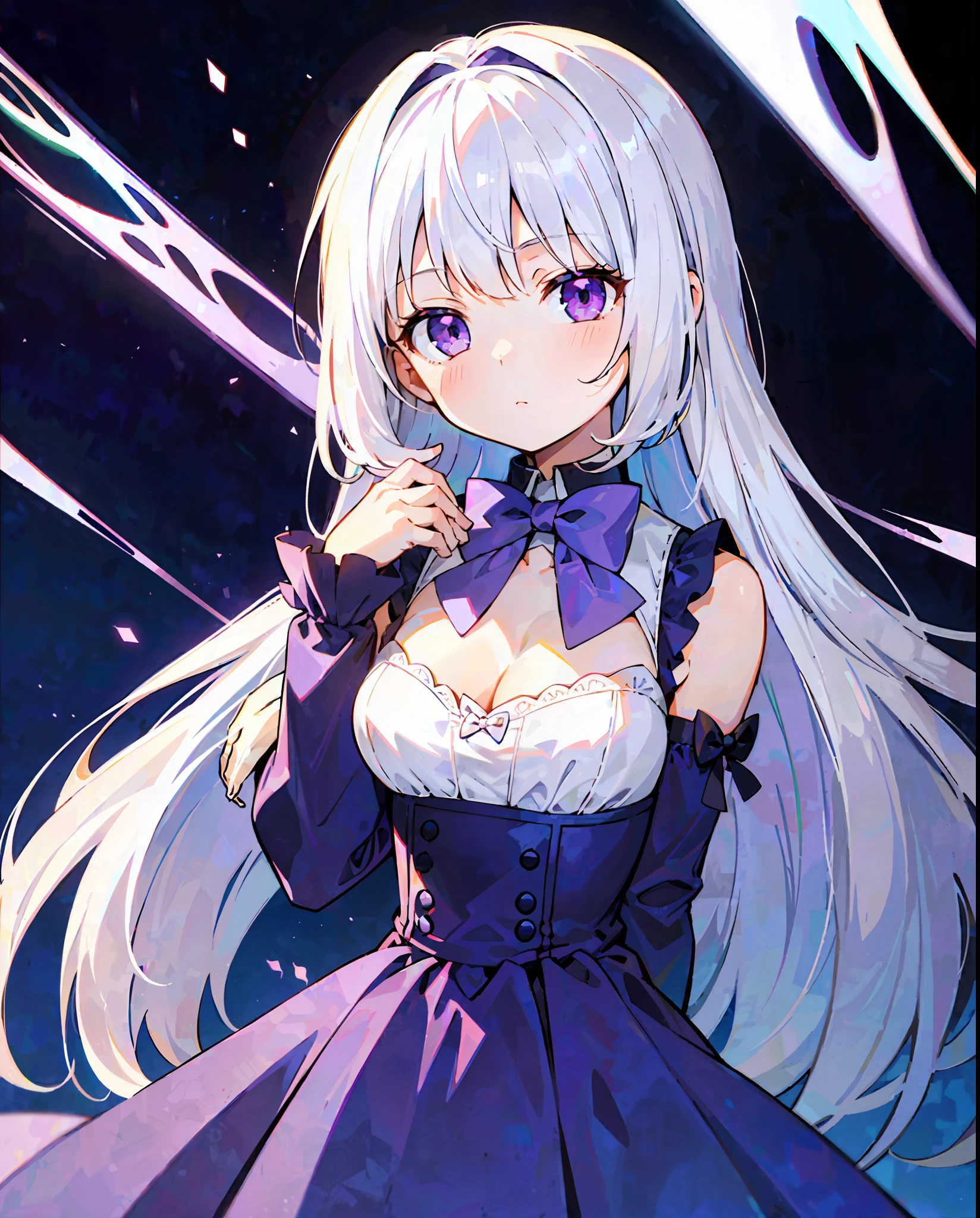 ((solo_1.2)),cute little (1girl_1.3 ,loli ,child),white hair ,long hair .upperbody ,purple eyes ,dress ,(medium breasts ,cleavage ,bow tie ,holding doll ,hands