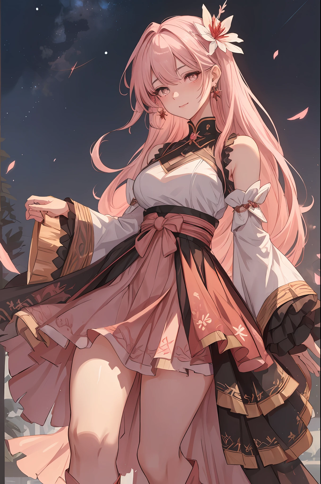 ((High Resolution)), (kind smile), (Busty), ((Top Quality)), ((Ultra Fine)) ((Ultra Fine CG)), ((8k_wallpaper)), Dynamic Angle, Floating, (Eyes with Beautiful Details), Very Delicate and Beautiful Girl, full Body, Ink Painting, (Japanese Style), hazel Eyes, Burning, Detail Light. from_low, ( black hair), (light pink spider lily: 1.33), hazel eye, (hair flower): 1.3), Bloom, single, starry sky, hair ornament, earrings, jewelry, messed up hair, bare shoulders, half-closed eyes, bloom, ((for men)), fairy, (Hanfu: 1.3), (large breasts): 1.2), (eyeshadow, pink eyeliner: 1.15), (eye shadow, black eyeliner: 1.15), (eye shadow, red eyeliner: 1.15), (eye visible through hair: 1.2), (solo)), yellow moon, blushing, looking away from viewer, absurd res, high res, (masterpiece:1.4), ultra-detailed, 1girl, from front, corridor, floating, pink lolita dress, pink dress, thighhigh boots, black hair, brown eyes, Asian eyes, wide open eyes, side slit dress,, full body, from below, slightly visible panty, dress lift, spread legs