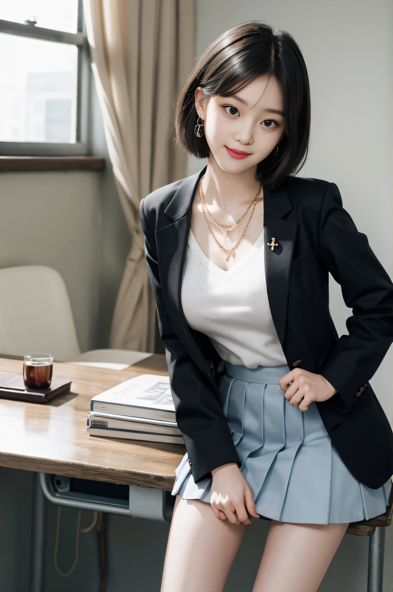 8K RAW Photos, High Resolution, 17 years old cool Korean, Very big round breasts, school uniform, ribbon, blazer, skirt, very thin mouth, duck mouth, grinning,, bossy pose, beautiful eyes in detail, long eyelashes, beautiful double eyelids, eye shadow, slender eyes, Sanpaku eyes, beautiful thin legs, necklace, earrings, short hair, school staff room