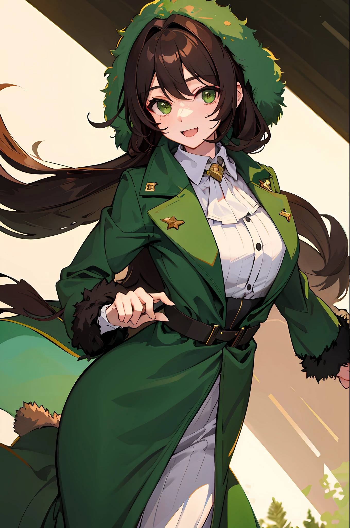 1girl, cheerful, brown hair, dark green eyes, dark green fur coat, spruce forest, elegant, sexy