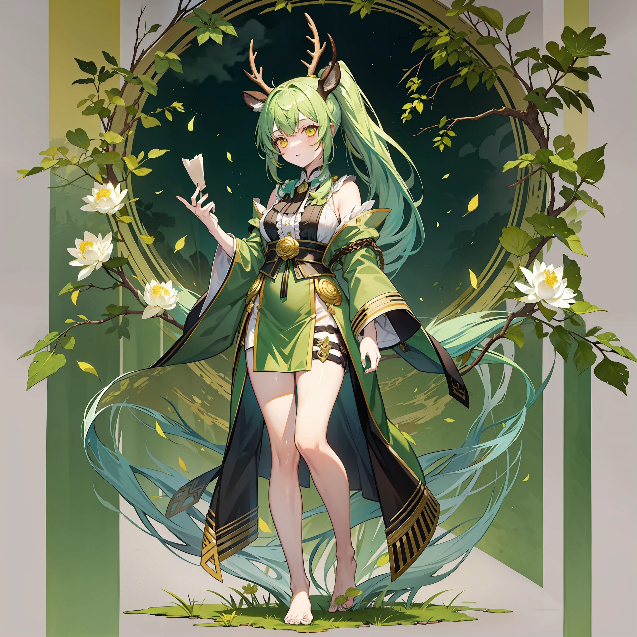 Deer antlers, green-haired girl, double ponytail, yellow eyes, calligrapher, period costume, summer, lotus, standing full body, barefoot, exposed