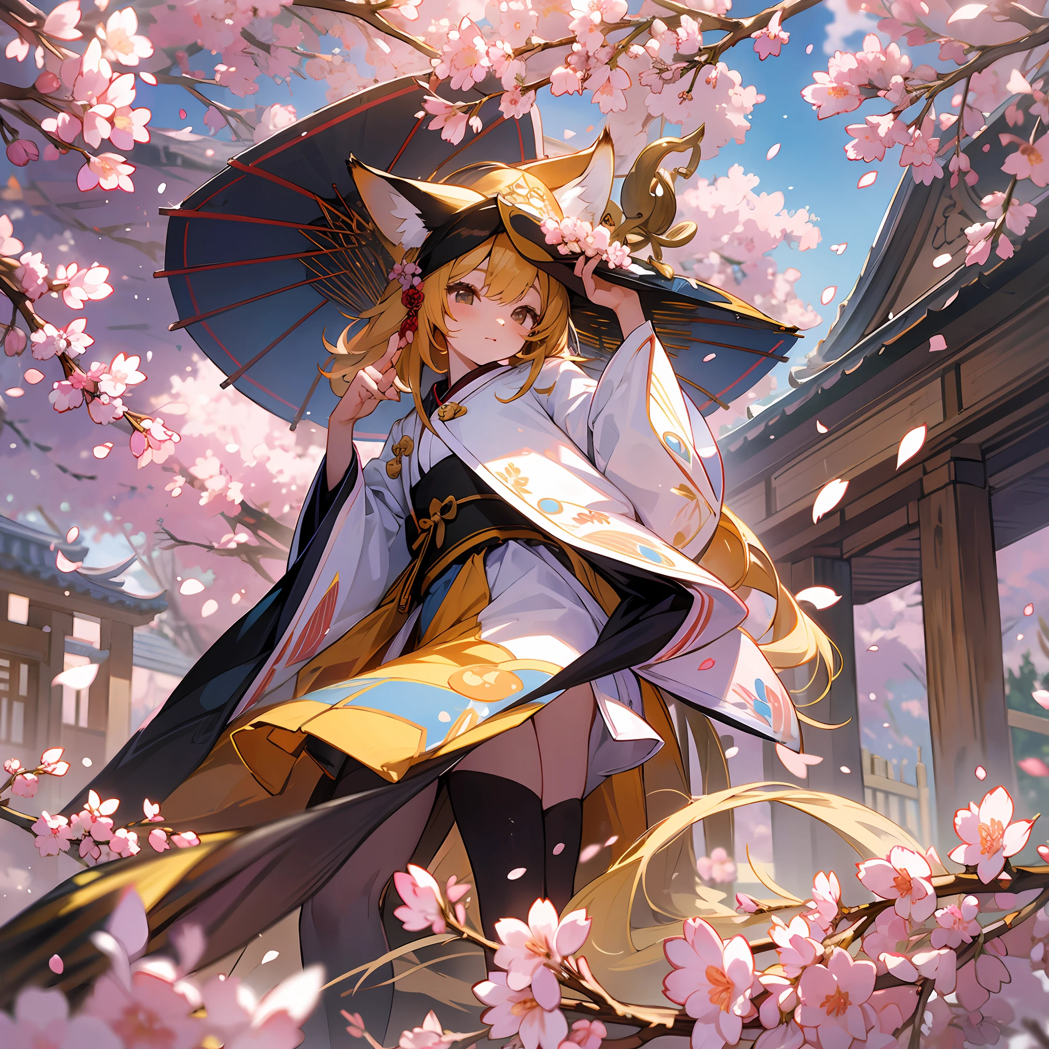 (stable diffusion, master quality, masterpiece, ultra-detailed), cute girl in the shrine, golden fox ears, wearing a traditional Japanese witch costume, fox tail fluffy swinging, in the background of cherry blossoms, black stockings, cherry small mouth makes people want to kiss, blue sky and white clouds with cherry blossom petals, suffocatingly beautiful, the whole body cherry blossom small costume adds a playful and cute. --auto --s2
