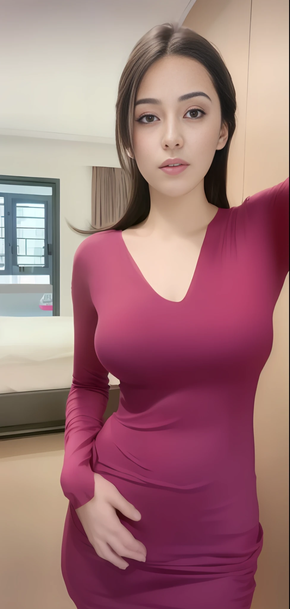 araffe woman in a pink shirt posing for a picture, wearing tight shirt, tight shirt, open v chest clothes, wearing tight simple clothes, sexy dress, sie boob, purple top, busty, thick neck, cleavage, wearing leotard, 1 8 yo, revealing clothes, tight dress, sexy body, soft curvy shape, wearing v - neck top,  masterpiece, superdeformed, full body: 1.2, ultra high res, RAW photo, masterpiece, ultra detailed, 8k, full detailed hair, highres, best quality, ultra high res, ultra detailed face and eyes, (photorealistic:1.4), looking at viewer, smiling, cute,  (ray tracing:1.4), (long legs:1.4), Best quality , masterpiece, large hip, Fully facial detailed, beautiful, ((very detailed of hair )) , (((18 years old))), thin lips, big eyes, highres, seducing, blue eyes , slim waist, 8k, 16k, highres,
karol bak uhd, inspired by hajime sorayama,
