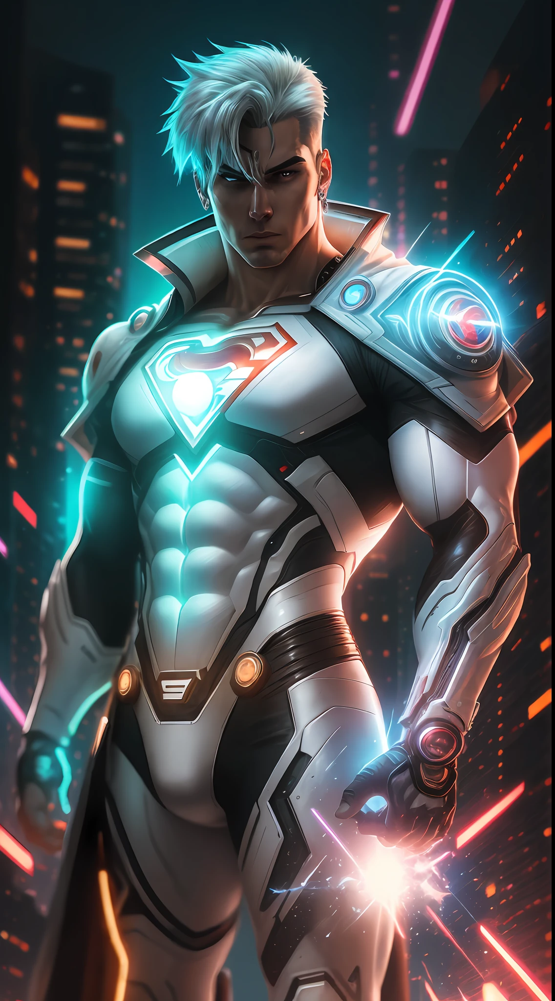 White Cyborg Superman from DC, neon ring on background, cyberpunk art style, cyberpunk style, cyberpunk style, cyberpunk character, hyper-realistic cyberpunk style, cyberpunk color, powerful lighting, motion synchronization, dynamism, charged energy, hot action