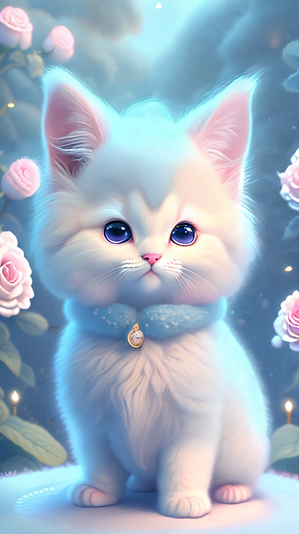In this ultra-detailed CG art, cute kittens surrounded by ethereal roses, laughter, best quality, high resolution, intricate details, fantasy, cute animals, purple, funny, open mouth!! Laugh!!!