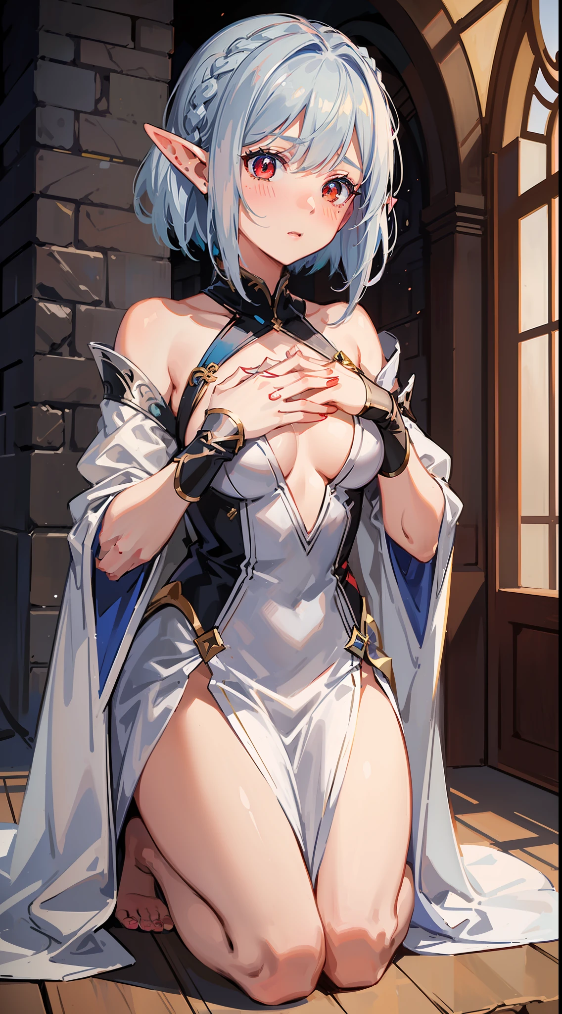 1 Girl closeup, elf, silver hair, red eyes, bob cut, braid, ((facing forward)), ((putting both hands on one's chest)), (surprised), (blushing), fantasy style costume, wizard, robe, long skirt, indoor, kneeling, concept art, beautiful anime scene, beautiful anime scenery, top rating on pixiv, highest quality, 4K