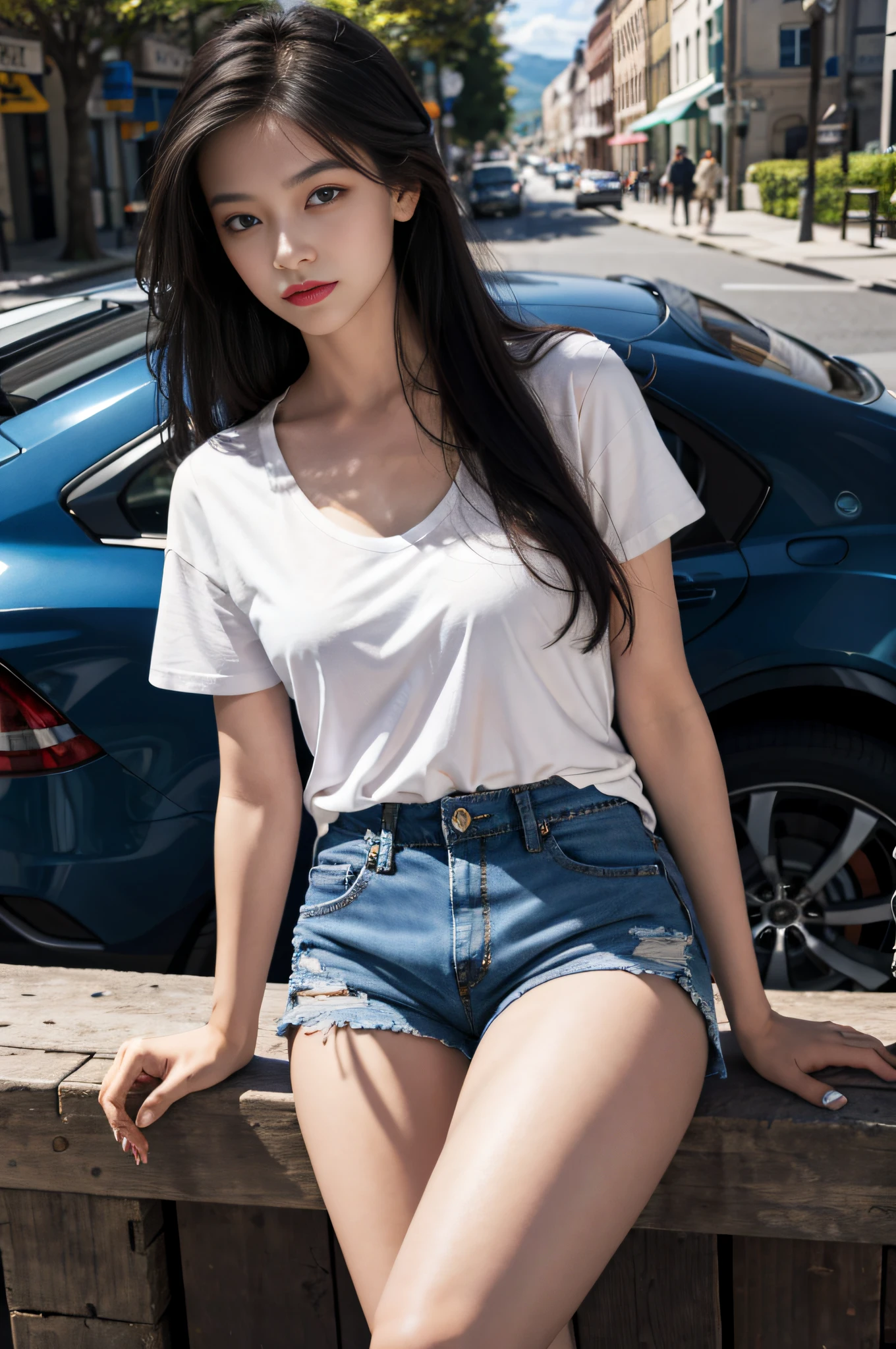 Best quality, masterpiece, super high resolution, (realistic: 1.4), original photo, (evening street), 1 girl, black eyes, long hair, light makeup, lips, small ears, white t-shirt, denim shorts, beauty in perfect shape: 1.4, (outdoor, seaside: 1.1), city street, super fine face, fine eyes, double eyelids, long legs