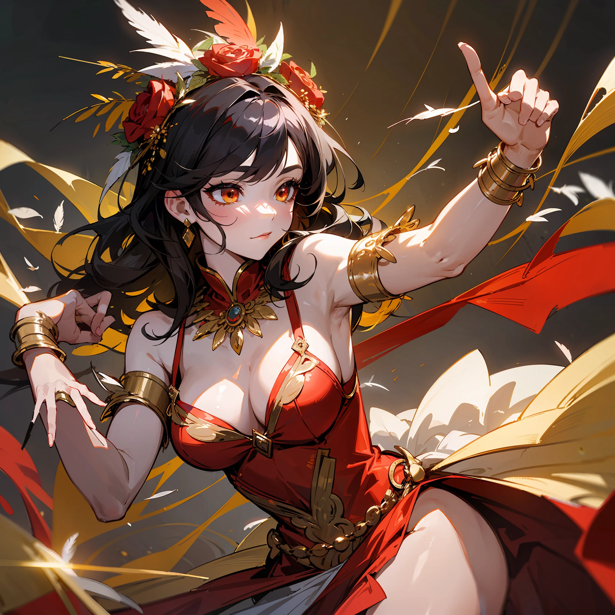 (Master level work, very detailed CG, highest quality). The dancer is dressed in red, with shining gold chains, and her body is full of exotic atmosphere. Short black hair with messy feathers and flower crowns, a richly detailed, delicate look embellished with a white dress woven with a wreath of roses and golden eyes under long eyelashes. Dancing on stage, the broken Western Regions style and high-definition 4K picture quality perfectly present the dancing scene. --auto --s2