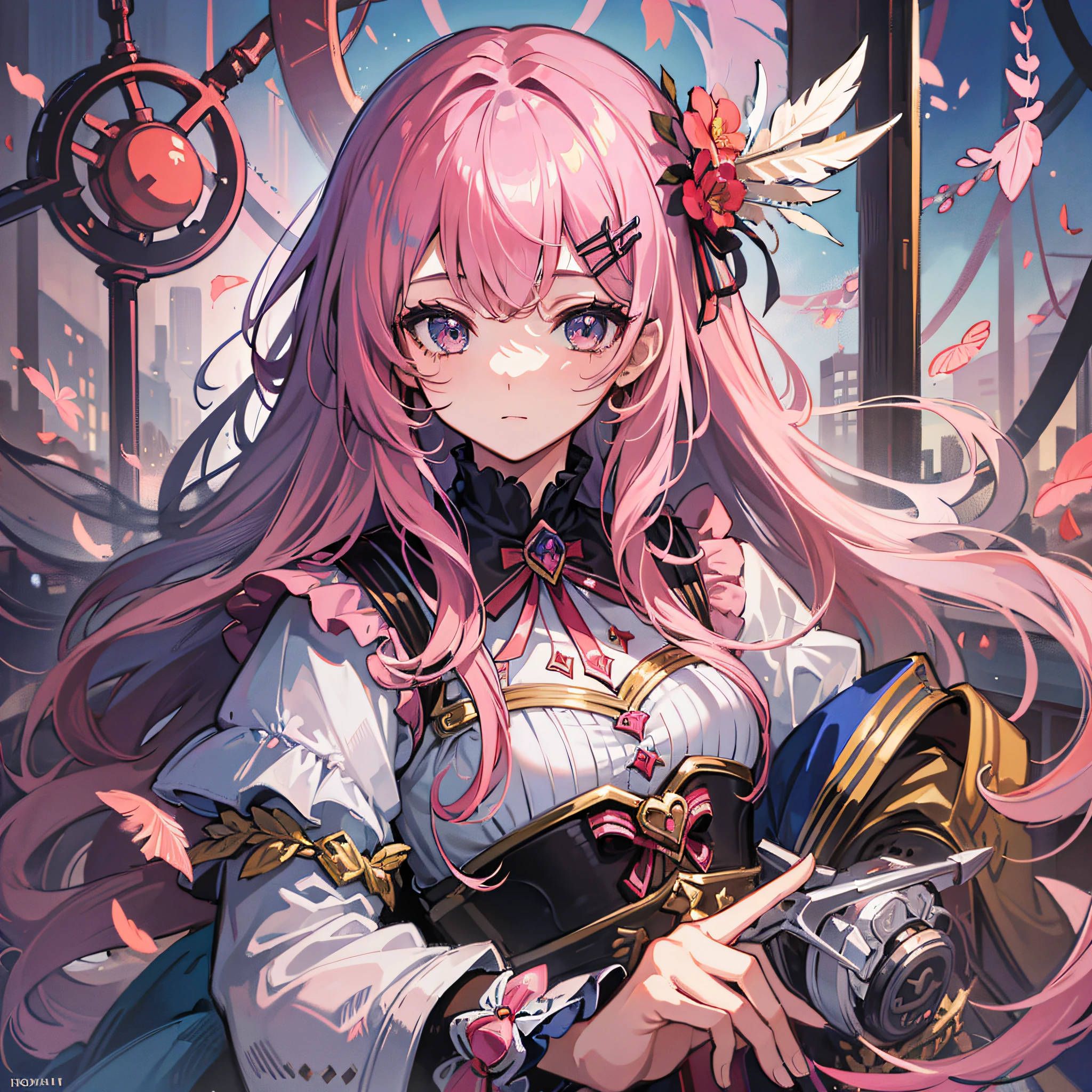 ((Masterpiece)), ((Best Quality)), ((Best Quality)), (Illustration of one girl), Long pink hair, feather-shaped hair ornament, (Tall), Light gray eyes, Idol