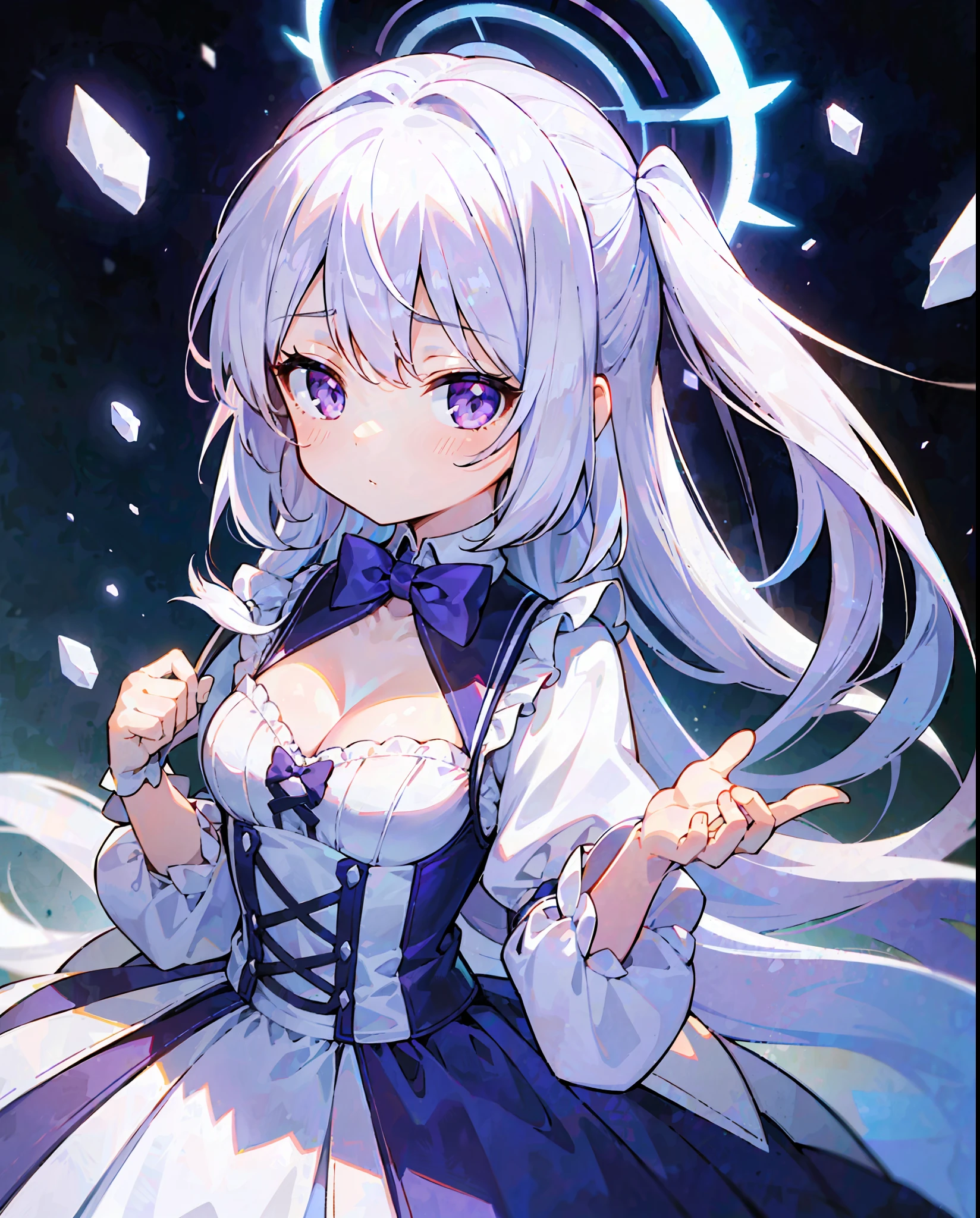 ((solo_1.2)),cute little (1girl_1.3 ,li ,chwhite hair ,long hair .upperbody ,purple eyes ,dress ,(medium breasts ,cleavage ,bow tie ,holding doll ,hands