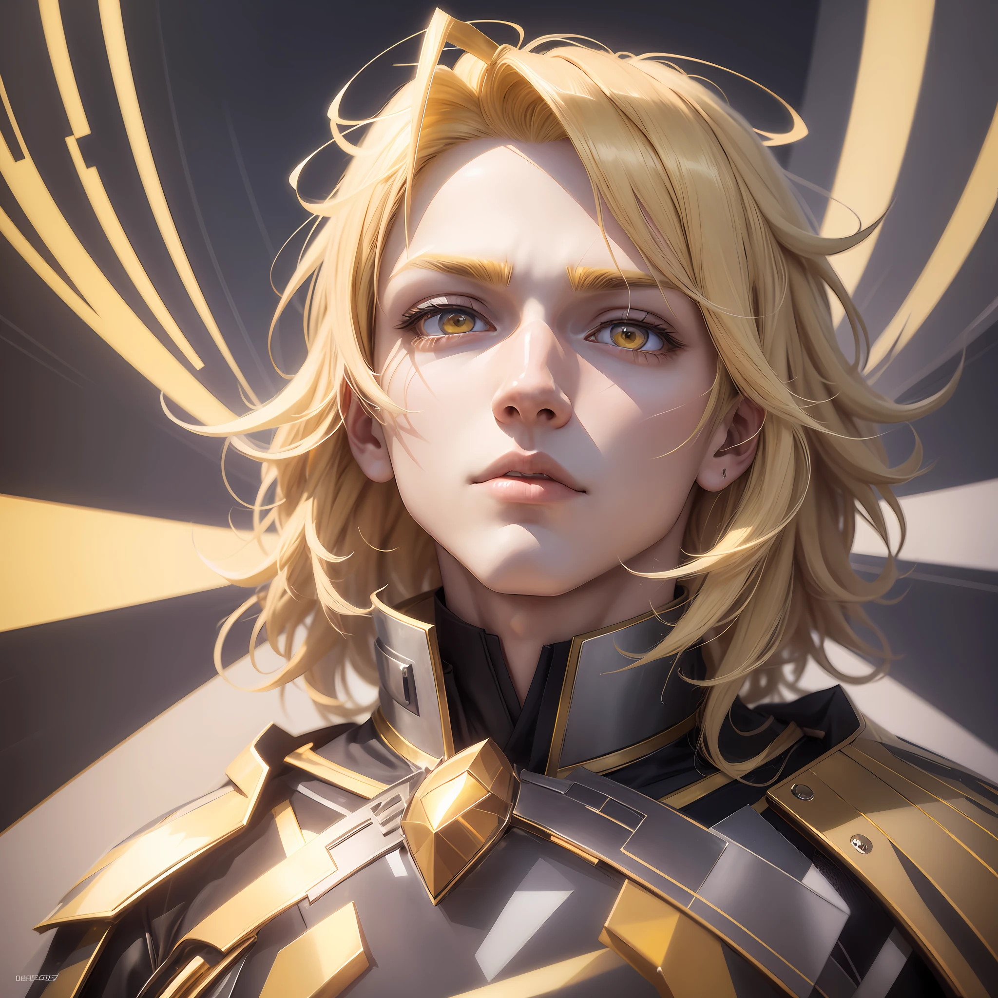 a male, blonde hair, halo, yellow eyes, diamond-shaped pupils, disdain, Suprematism, anime style, god rays, from below, perspective, UHD, masterpiece, retina, ccurate, anatomically correct, textured skin, super detail, high quality, award winning, best quality, highres, high details