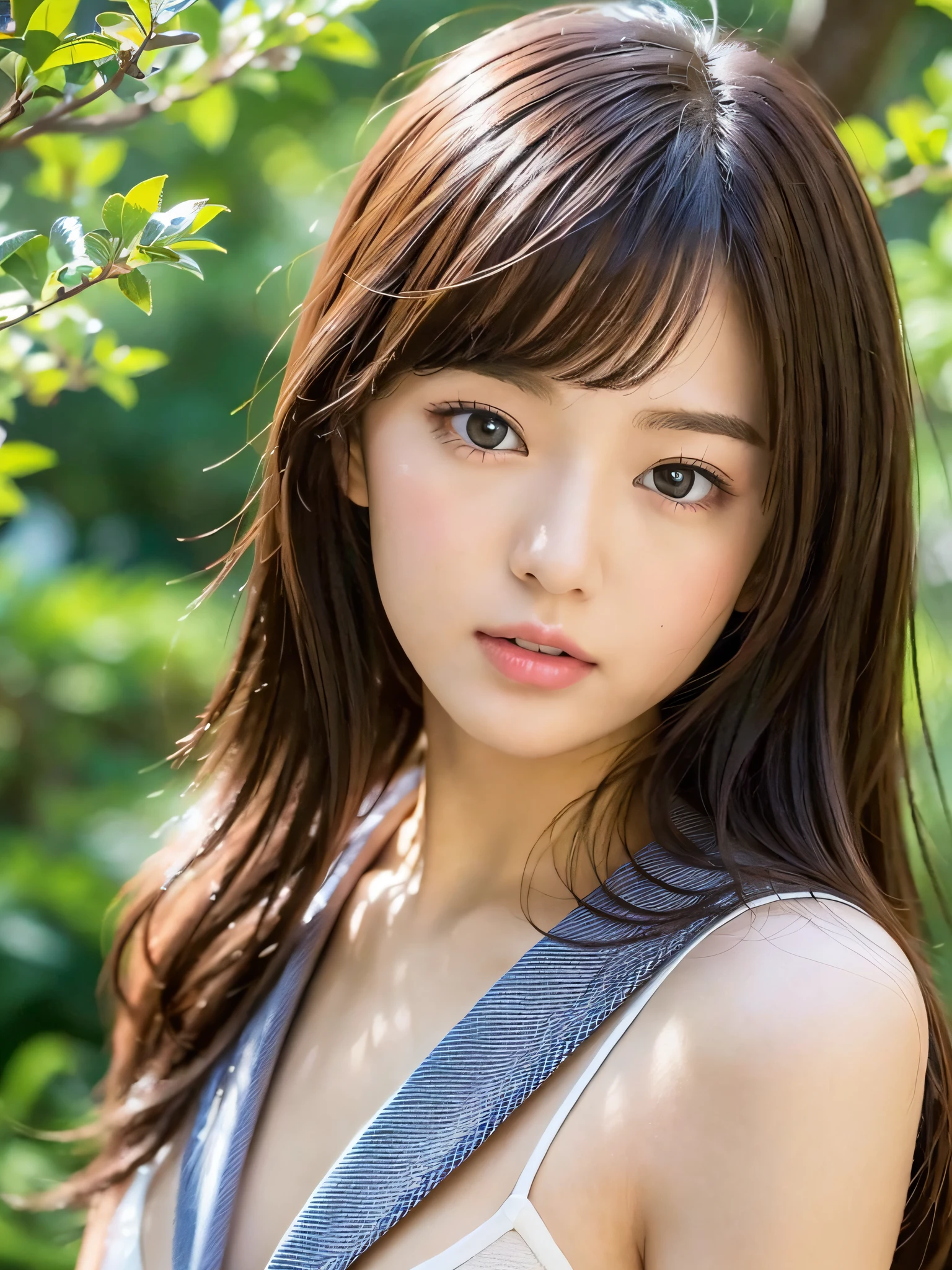 (Masterpiece:1.3), (8k, Photorealistic, RAW Photography, Best Quality: 1.4), (1girl), Beautiful Face, (Realistic Face), Beautiful Hairstyle, Realistic Eyes, Beautiful Details, (Realistic Skin), Beautiful Skin, Attractive, Ultra High Definition, Ultra Realistic, Very Detailed, ((slim figure, Small buttocks)), (small breasts:1.3), (cleavage:0.8), Japanese, Brown hair, Japanese high school uniform, summer clothes, cosplay, gal makeup, thin eyebrows