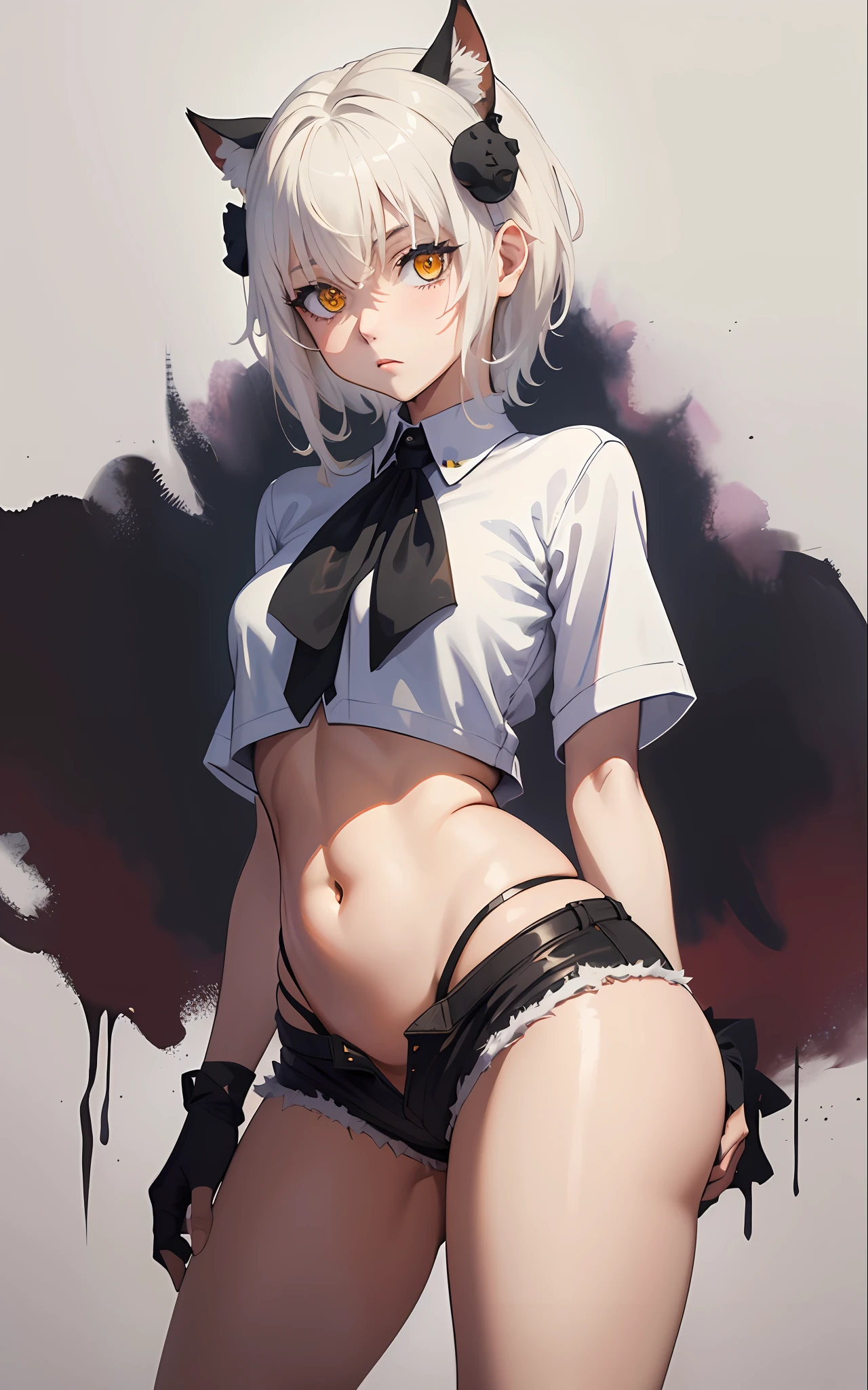 Masterpiece, Short Shorts, Masterpiece, Best Quality, Highres, Dark Persona, Watercolor Painting Theme, (Looking at the Viewer: 1.1), Wide Hips, Big Ass, Standing, Bending Over, Tojou Koneko, Yellow Eyes, White Hair, Short Hair, Hair Ornament, White Shirt, Black Neck Ribbon, Belly Tattoo