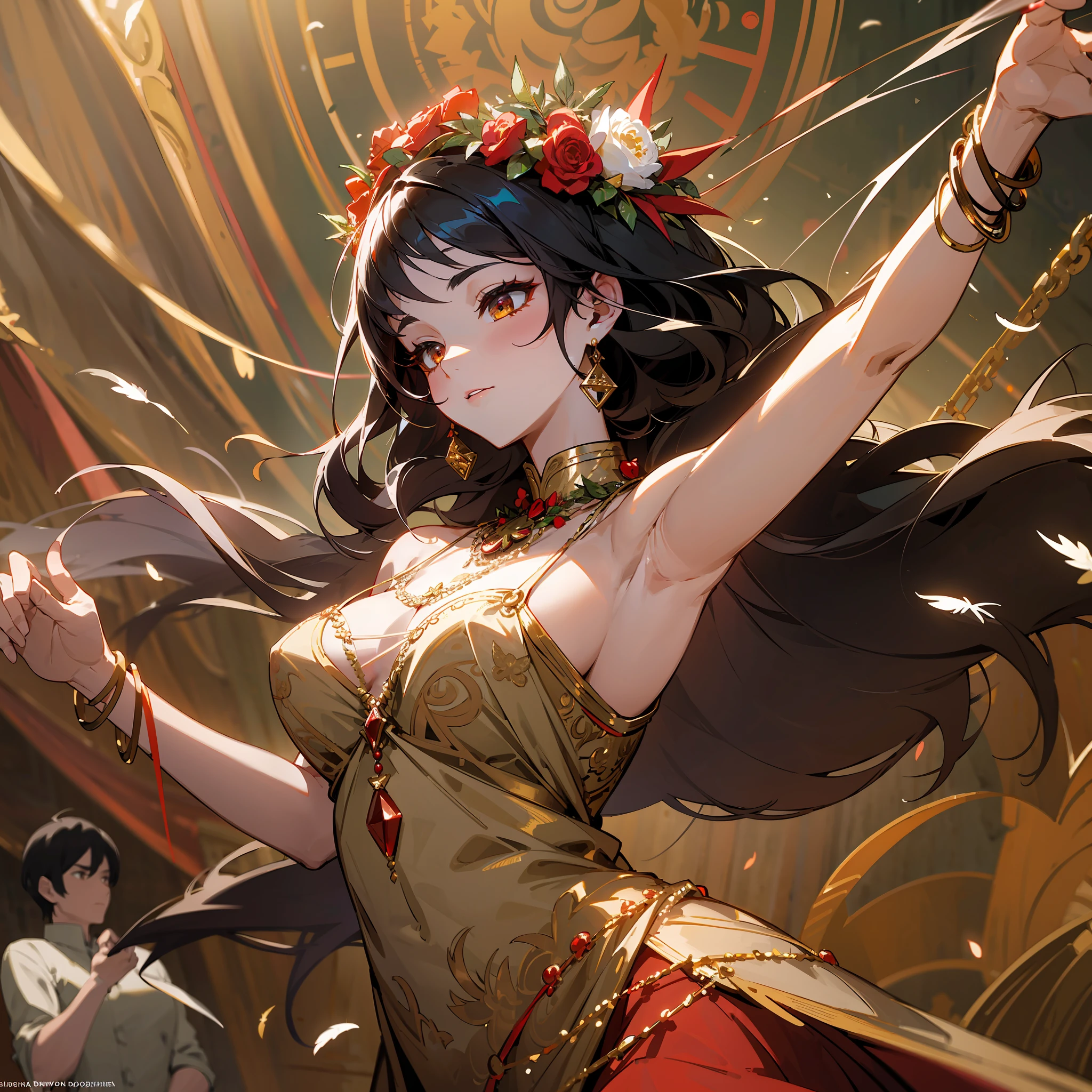 (Master level work, very detailed CG, highest quality). The dancer is dressed in red, with shining gold chains, and her body is full of exotic atmosphere. Short black hair with messy feathers and flower crowns, a richly detailed, delicate look embellished with a white dress woven with a wreath of roses and golden eyes under long eyelashes. Dancing on stage, the broken Western Regions style and high-definition 4K picture quality perfectly present the dancing scene. --auto --s2