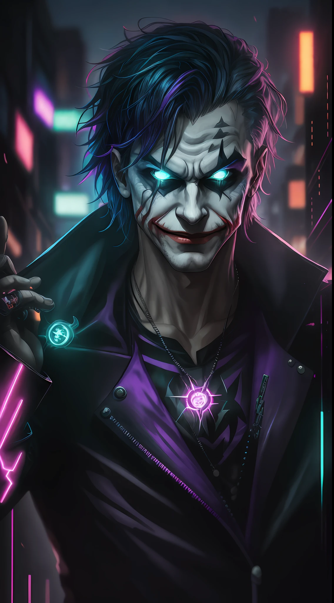 Joker Flash from DC, neon ring on background, cyberpunk art style, cyberpunk style, cyberpunk style, cyberpunk character, hyper-realistic cyberpunk style, cyberpunk color, powerful lighting, motion synchronization, dynamism, charged energy, hot action