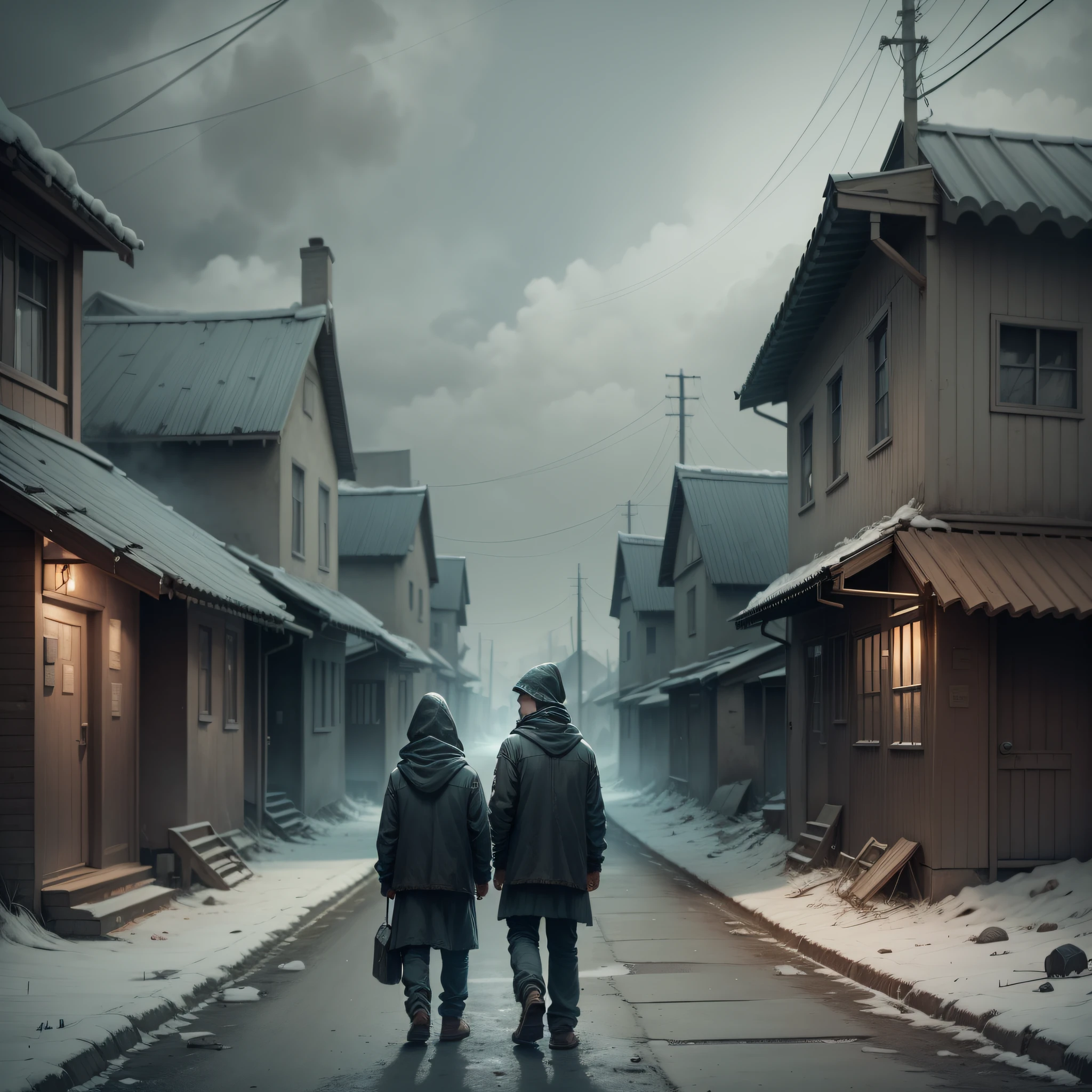 Man with child, village street, horror atmosphere, shady, desolation, doomsday atmosphere, cold colors, dim light, flat lines