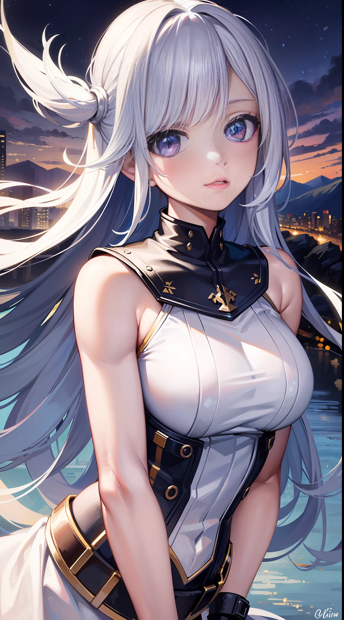 best quality, masterpiece, highres,
1girl, Detailed face, (Upper body:1.6), Cyber cities, mountains and rivers, night, firefly lights, Realistic, rich in detail, (White down:1.2), (beautiful body:1.4),