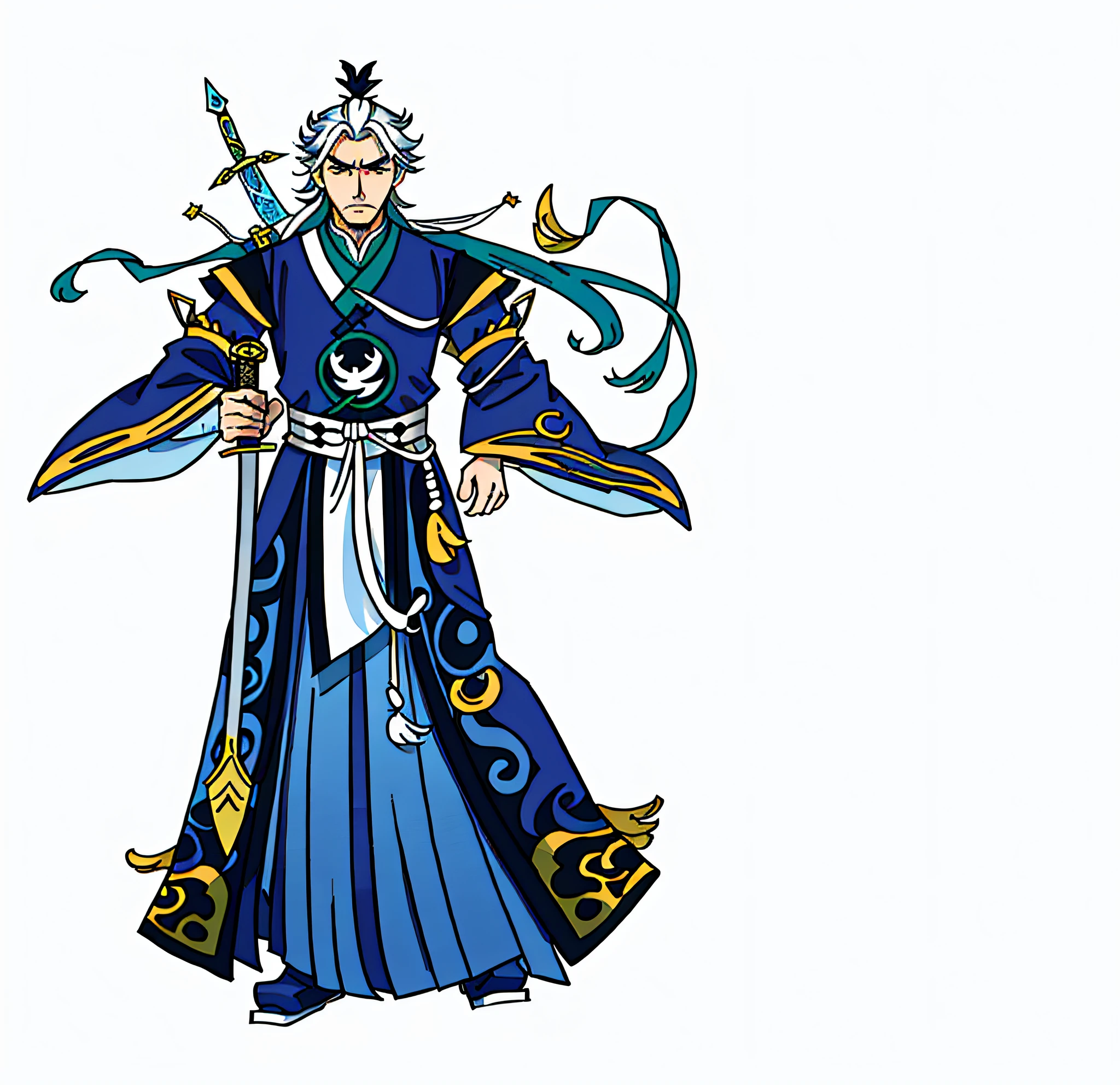 a close up of a cartoon character of a man with a sword, inspired by Huang Shen, t-pose of wizard, heise jinyao, t-pose of male magic wizard, onmyoji detailed art, inspired by Shen Zhou, old male archmage, inspired by Hu Zaobin, taoist priest, zhao yun, onmyoji