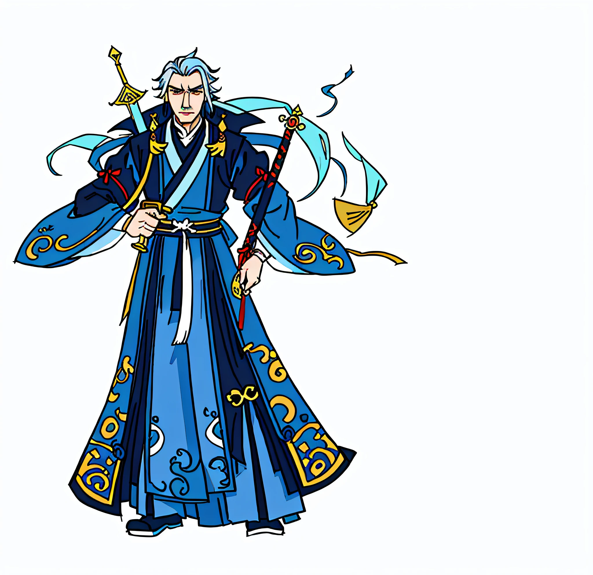 a close up of a cartoon character of a man with a sword, inspired by Huang Shen, t-pose of wizard, heise jinyao, t-pose of male magic wizard, onmyoji detailed art, inspired by Shen Zhou, old male archmage, inspired by Hu Zaobin, taoist priest, zhao yun, onmyoji