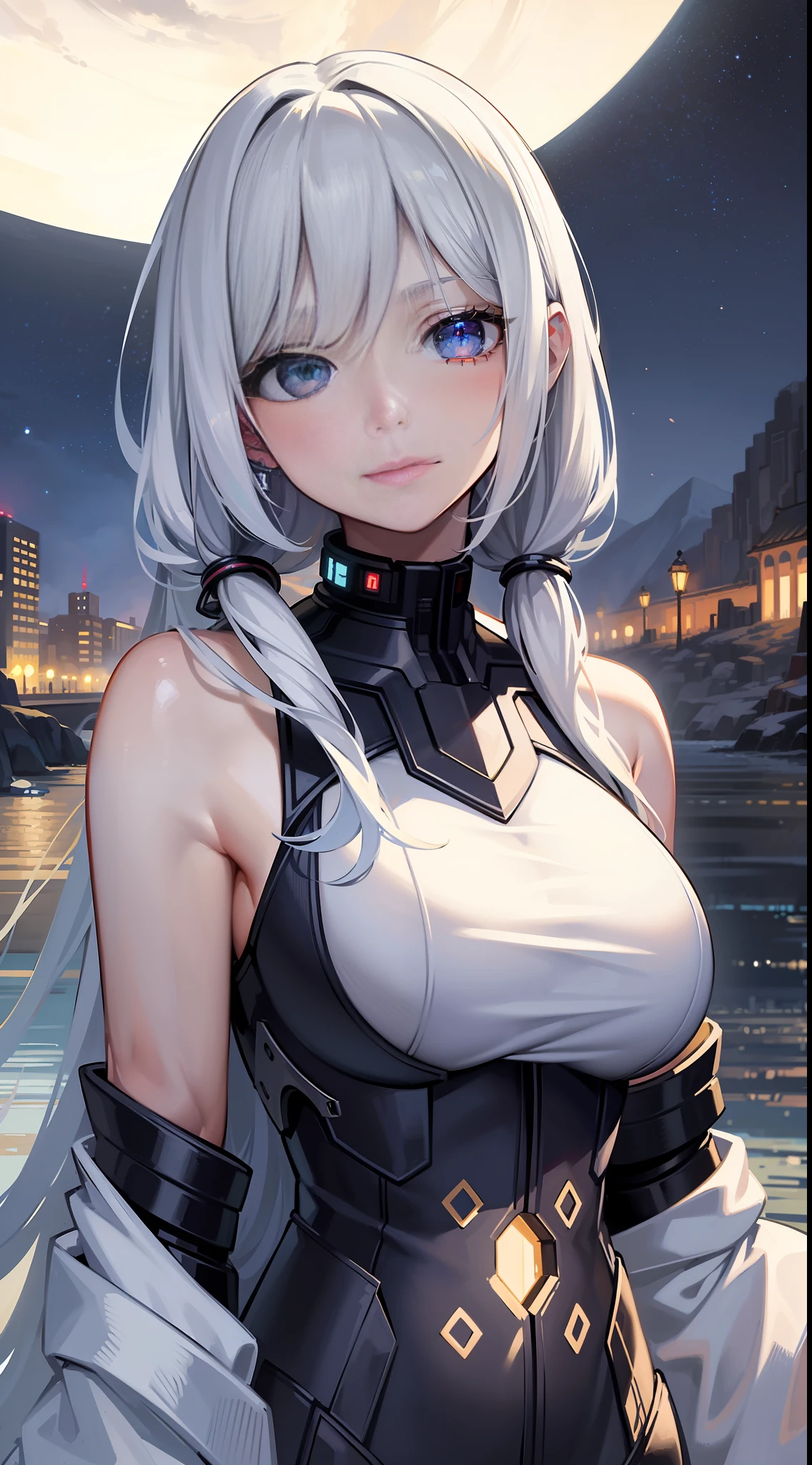 best quality, masterpiece, highres,
1girl, Detailed face, (Upper body:1.6), Cyber cities, mountains and rivers, night, firefly lights, Realistic, rich in detail, (White down:1.2), (beautiful body:1.4),