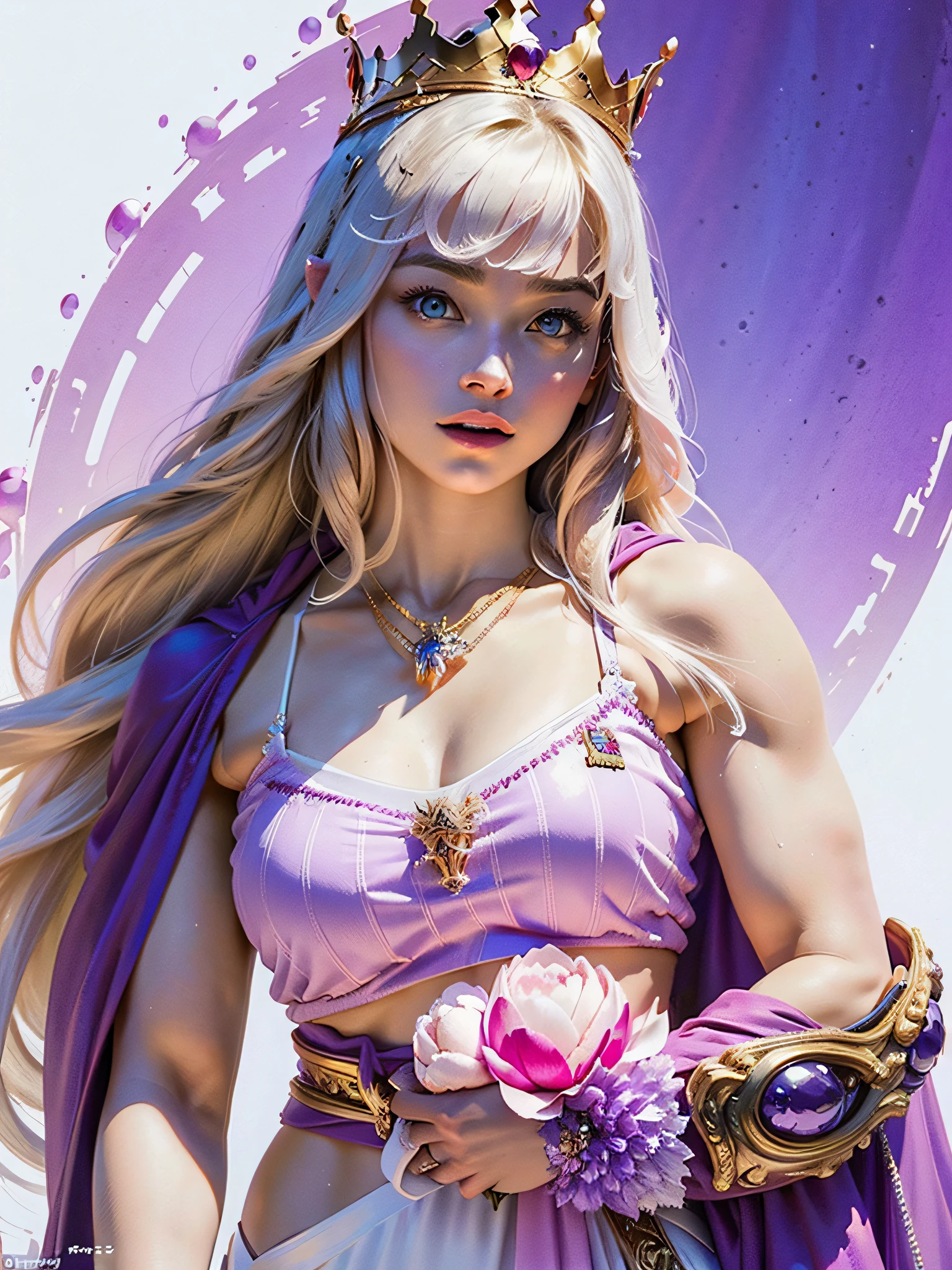(Masterpiece, Top Quality, Best Quality, Official Art, Beautiful and Aesthetic: 1.2, Octane Rendering, 8K), Ultra-detailed complex 3D rendering of face, various poses, ((Huge breasts: 2.4)), (Exposure: 2.1), pink micro bikini, , Perfect figure: 1.4, Slim abs: 1.1, (1 girl), purple cape lined with fur, abs, Detailed large crown adorned with precious stones: 2.2), detailed luminous necklace adorned with cleavage, blonde, white skin, strong and detailed weapons