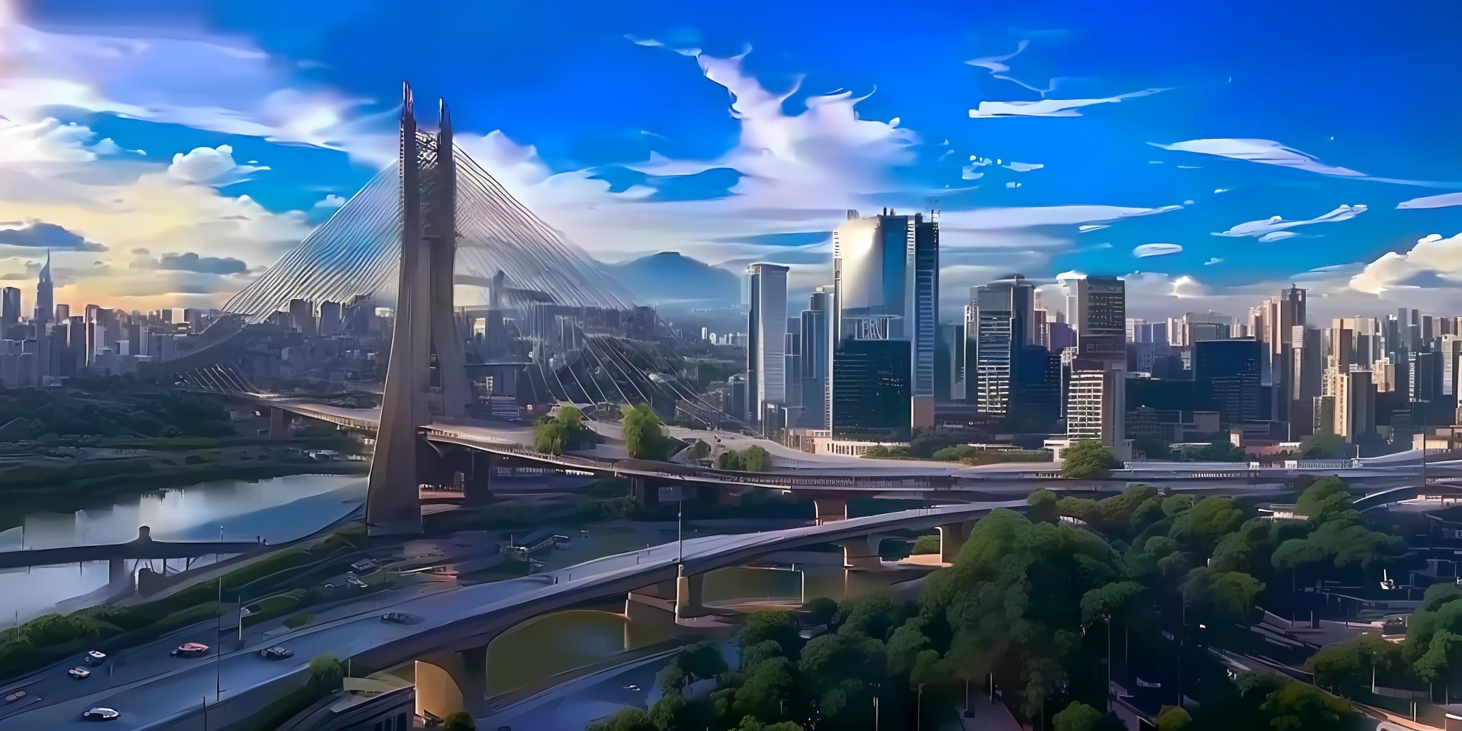 a view of a bridge over a city with a river, sao paulo in the year 2 0 7 0, são paulo, futuristic sao paulo, tall bridge with city on top, sao paulo, in sao paulo, by Felipe Seade, avenida paulista, by Manuel Franquelo, rio de janeiro, elegant bridges between towers, soaring towers and bridges