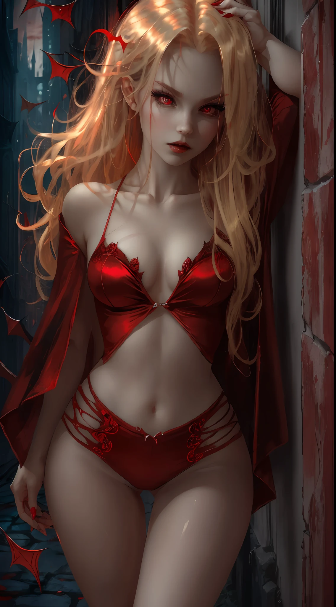 A sexy vampire in short red clothes, staring at the viewer, full body, flowing blonde hair, menacing gaze and gleaming vampire fangs, blood staining her pale face, big, sharp nails ready to pounce, in a dark alley of a city at night, with intensely mesmerizing red eyes --auto --s2