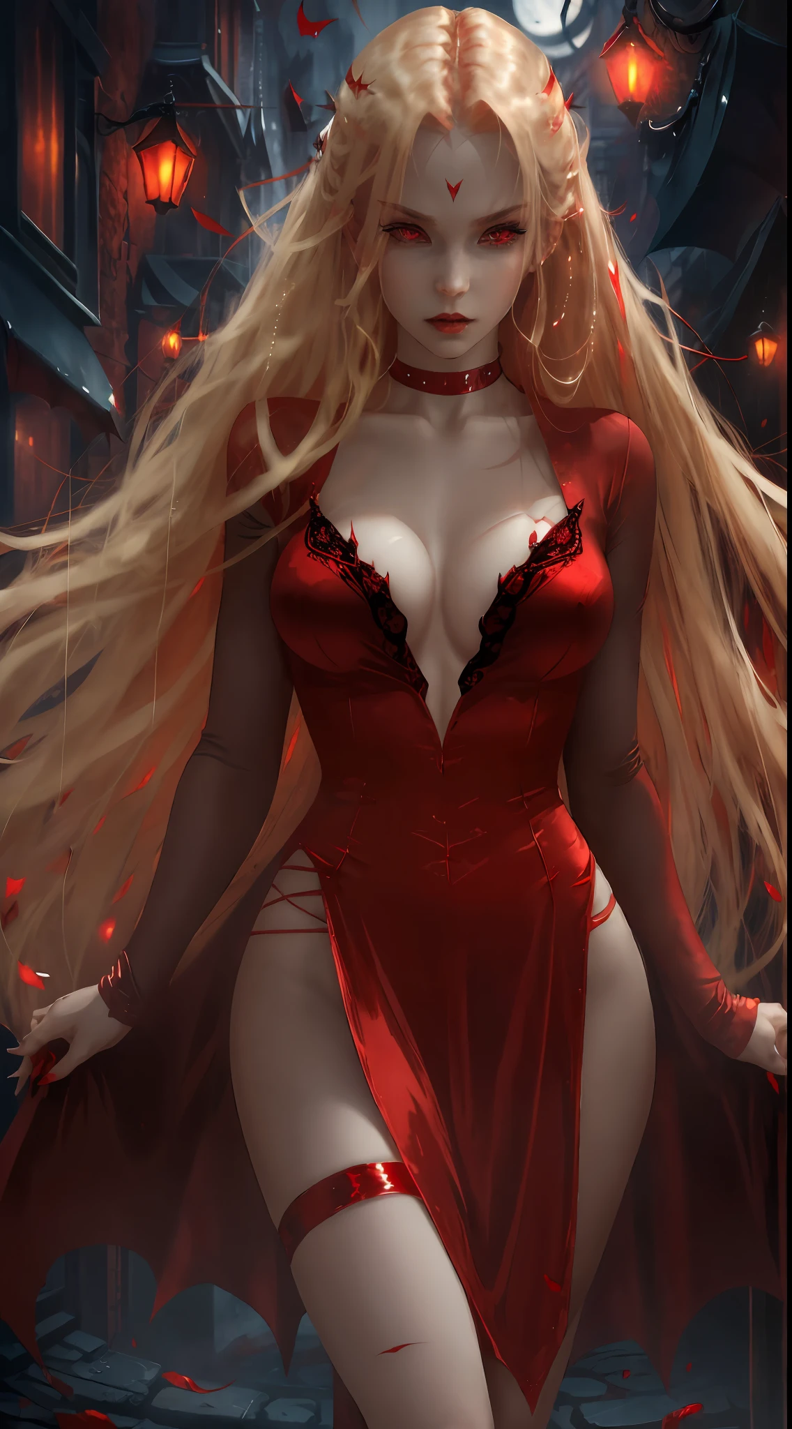 A sexy vampire in short red clothes, staring at the viewer, full body, flowing blonde hair, menacing gaze and gleaming vampire fangs, blood staining her pale face, big, sharp nails ready to pounce, in a dark alley of a city at night, with intensely mesmerizing red eyes --auto --s2