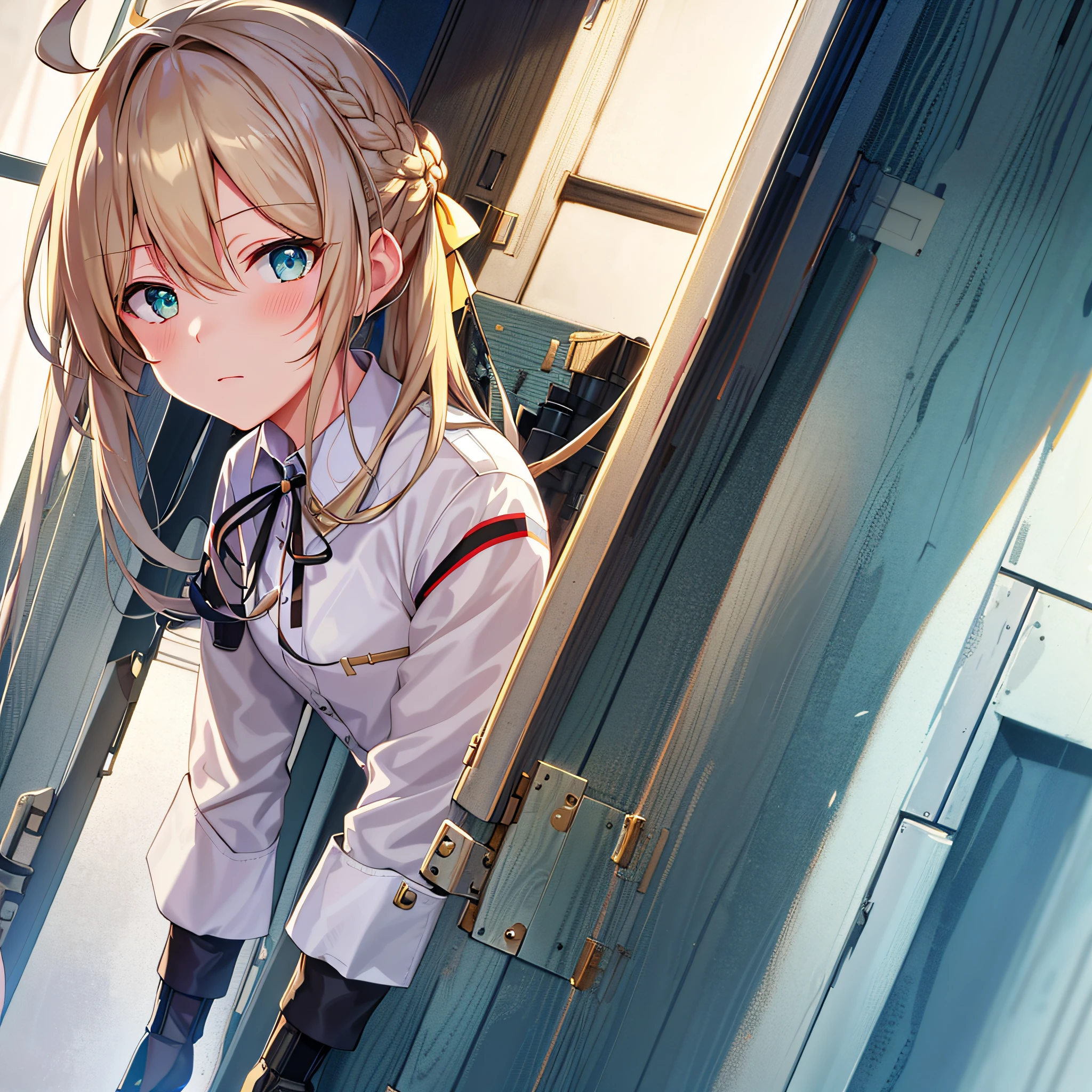 {{portrait}}, {girls' frontline}, game cg, 1girl,shiny hair, french braid, aqua hair, wet hair, ahoge, hairclip, colored inner hair, cinematiclighting, blonde eyes, stare blankly, cinematic angle, arms behind head, upturned eyes, lab coat, neck ribbon, electrical room,