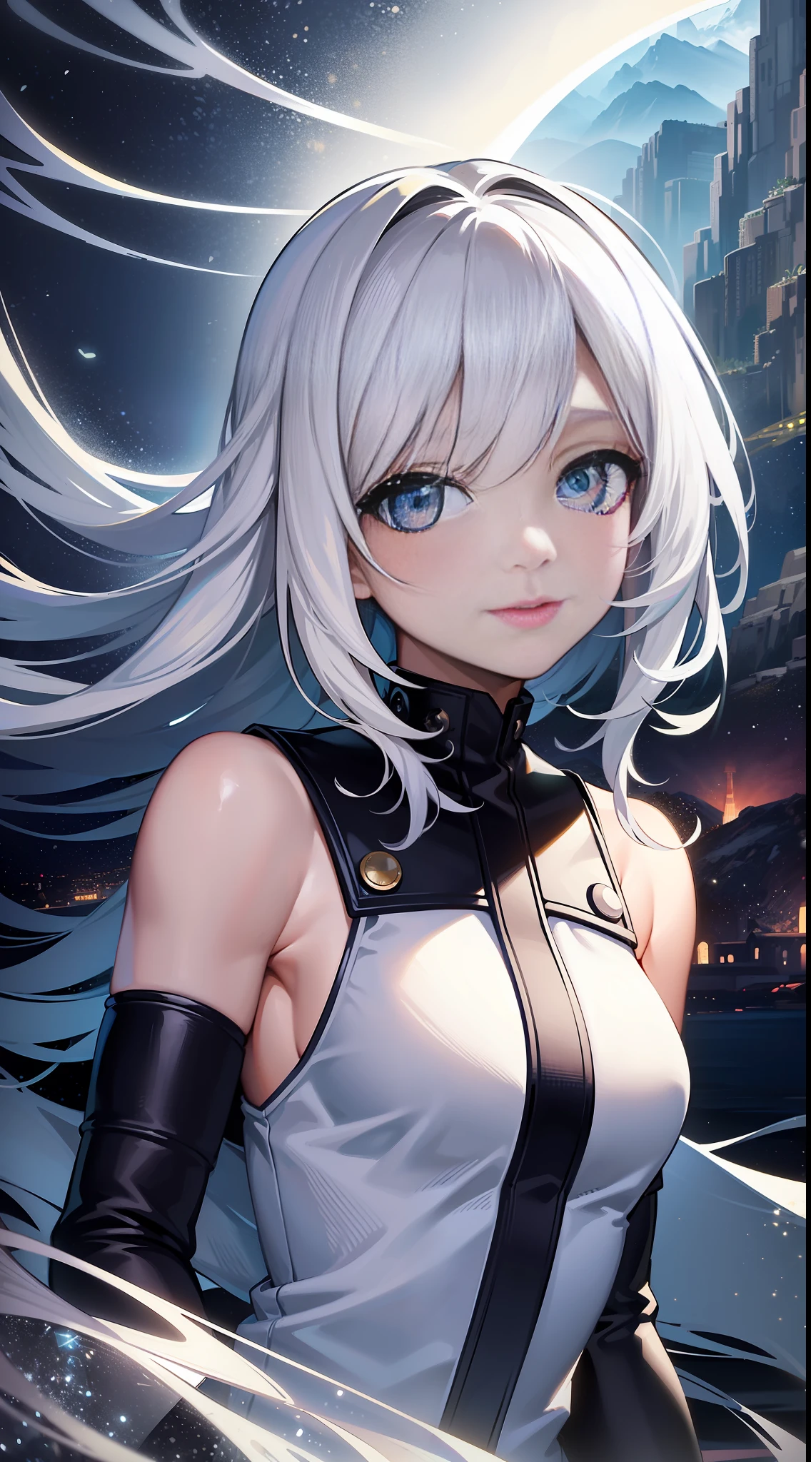 best quality, masterpiece, highres,
1girl, Detailed face, (Upper body:1.6), Cyber cities, mountains and rivers, night, firefly lights, Realistic, rich in detail, (White down:1.2), (beautiful body:1.4),