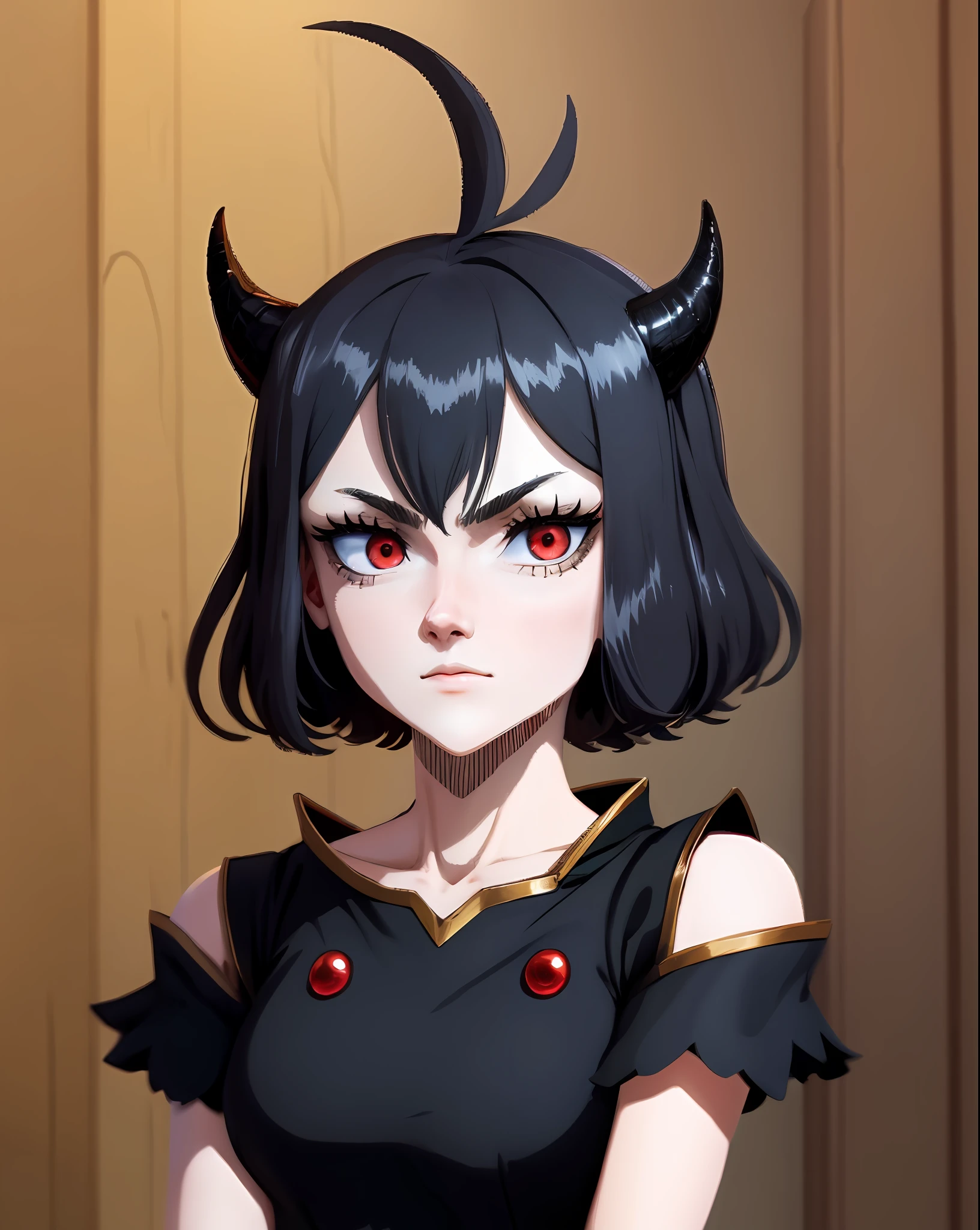 pixel, nero black clover, looking_at_viewer, neutarl face, studio lighting, highlights, detailed eyes, girl, red eyes, small black demon horns, black clover style, pixel art