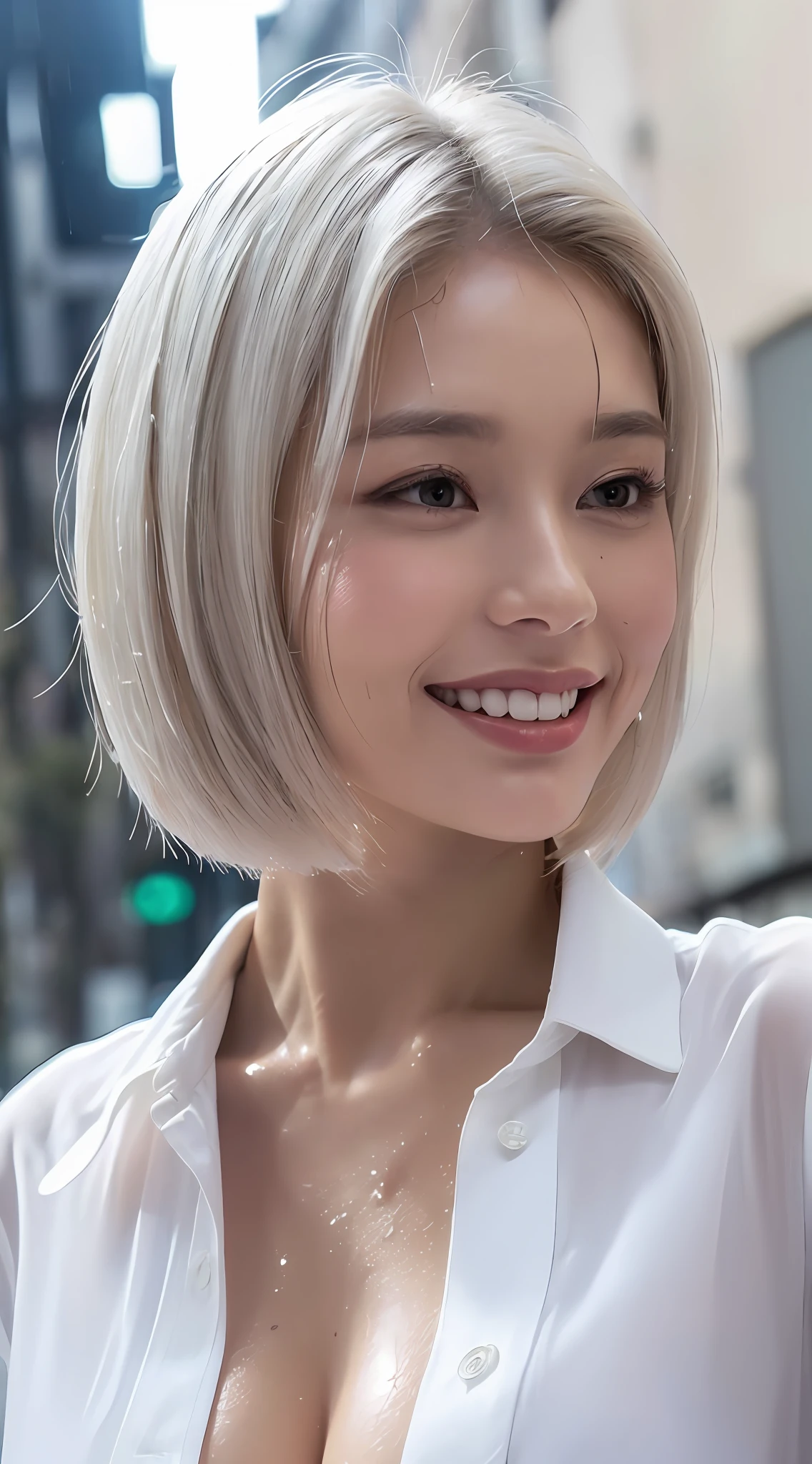 ((Best quality, 8k, Masterpiece: 1.3)), Sharp focus: 1.2, A woman (((50 years)) beautiful, smiling, elegant, white hair with black strands, perfect eyes, with perfect body: 1.4, thin abdomen: 1.2, ((Layered haircut, Normal breasts: 1.2)), (Thin and damp button up to shirt length: 1.1), (White shirt closed, wet by rain), (Rain, Street: 1.2), Wet body: 1.1, Highly detailed facial and skin texture, Detailed eyes, Double eyelid, tanned skin, elegant, tanned