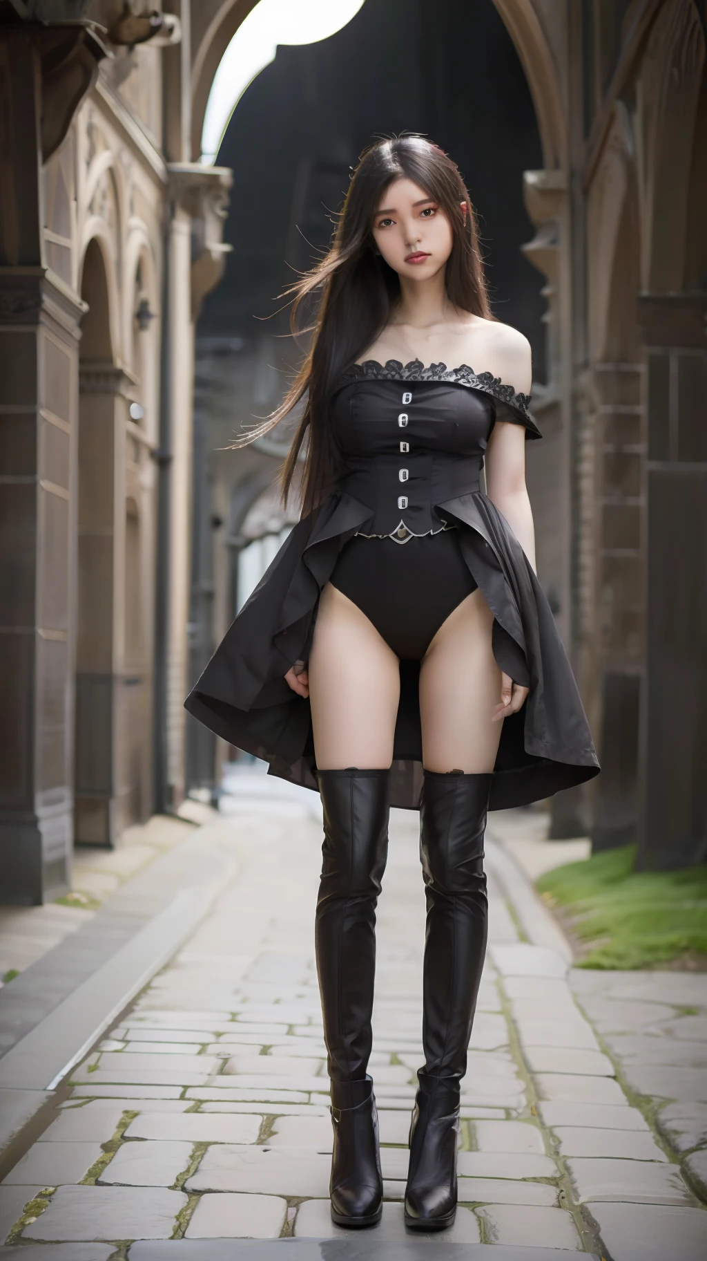 dark night, dark full moon, darkness, old castle, crow, dark, woman in black, beauty, long hair, black hair, standing figure, big, thin body, beautiful legs, long legs, cobblestone