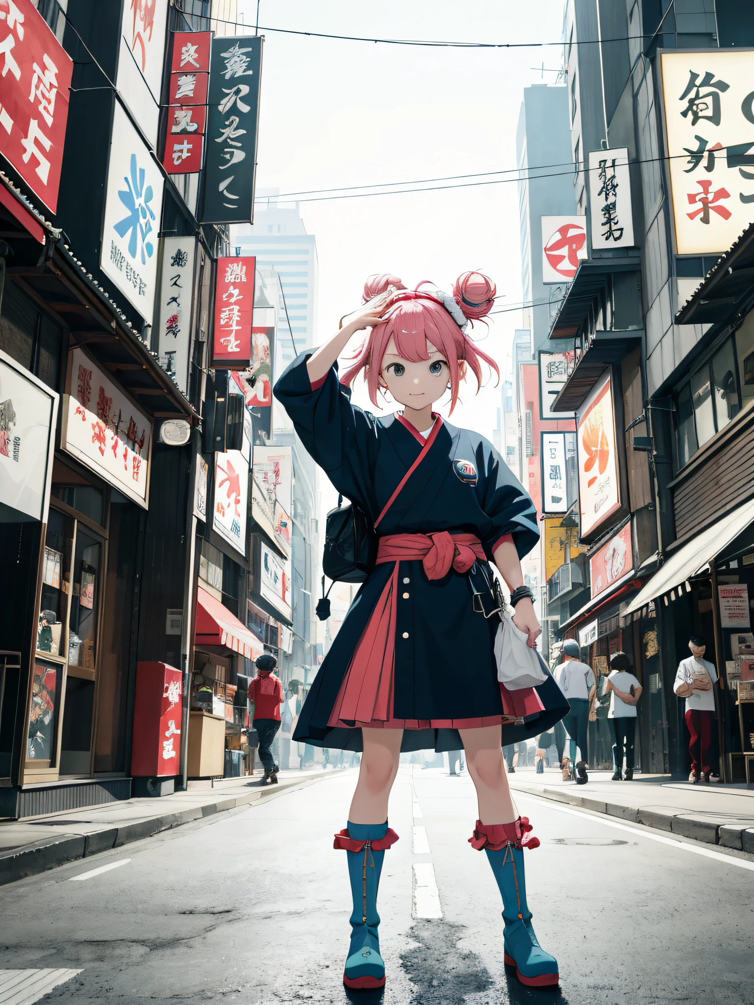Pink hair, two bun hair, red round hat, chakichaki, cheerful, vigorous, osaka, hairpin, metal neck warmer, arm rollup, non-sleeved, thighs, light blue socks, blue boots, golden bangles, large twisted bowl around the waist, blue clothes absurd, high resolution, super detailed, (1 girl: 1.3),
break
, clean lines, simple shapes, create minimalist designs that focus on composition and balance.
break
, capture agents of chaos with the power to disrupt order, spread chaos, and thrive in unpredictable circumstances.
break
, with minimal lighting, capture low-light images that focus on subtle details and atmosphere of the scene.
break
, Capture the cityscape of the city, featuring towering buildings, busy streets, and a dynamic atmosphere.
break
, Create scenes where children are playing, capture their innocence, energy, and sense of wonder and exploration.
break
, inspired by the beauty of Japan ukiyo-e, create images with delicate lines, flat colors, emphasis on patterns and compositions.