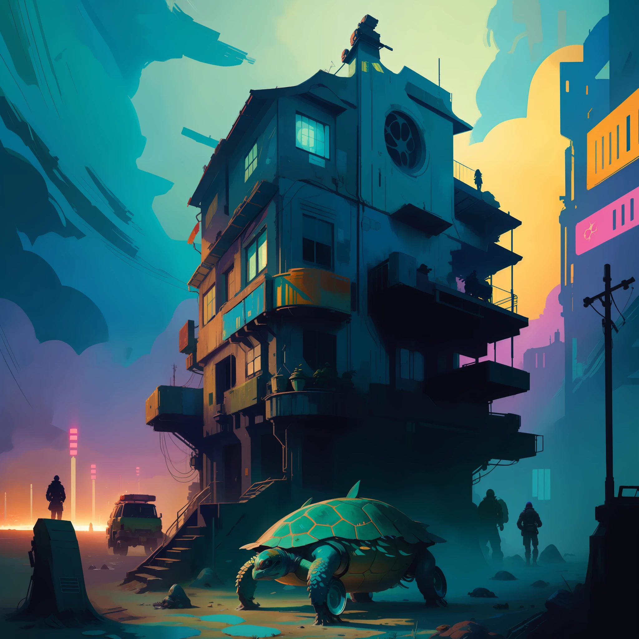 Rainbow-colored turtles, chaotically arranged, many fins and tentacles swimming underwater, sci-fi cyberpunk, stalenhag, epic reality, intricate details, intricate, cinematic, detailed