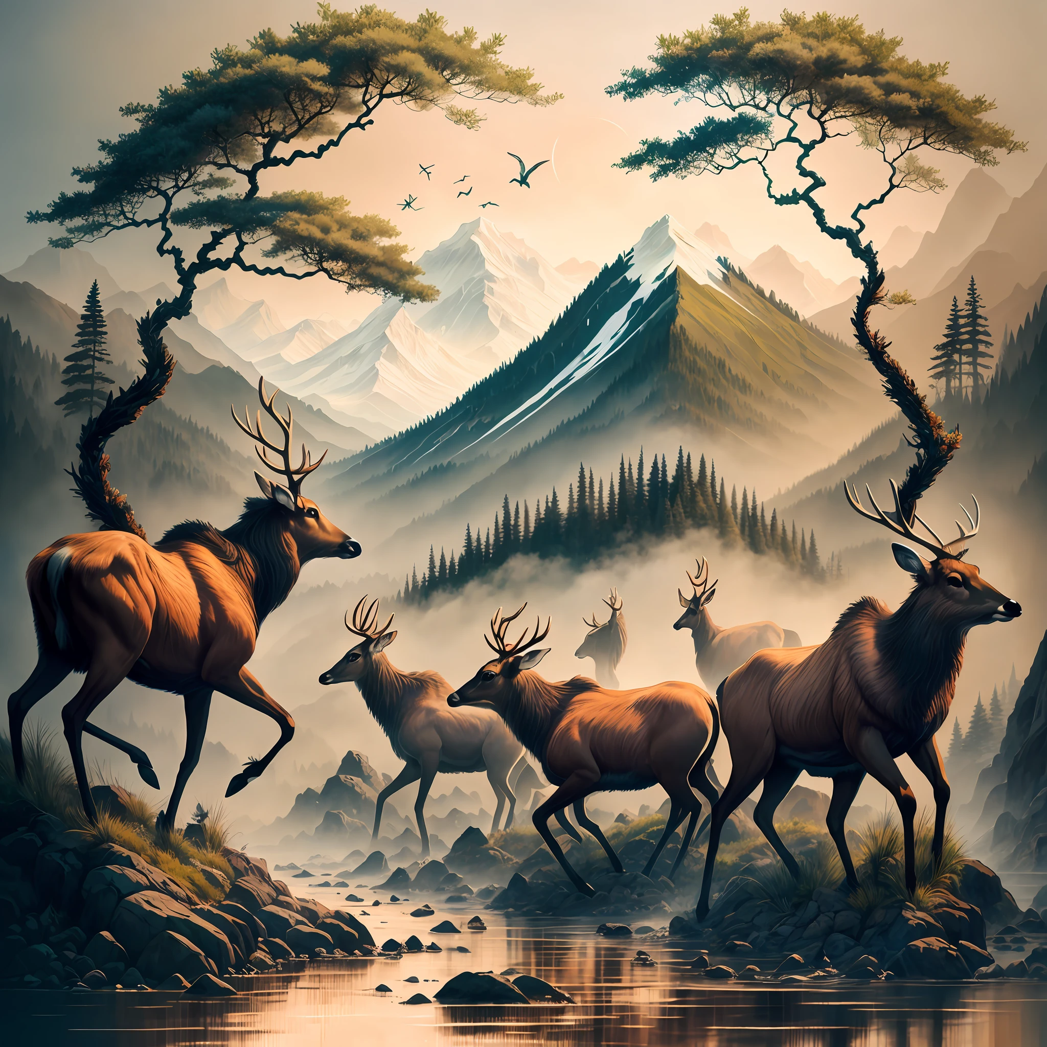 painting of a herd of deer running across a river in front of a mountain, by Jesper Ejsing, a beautiful artwork illustration, harmony of nature, highly detailed digital artwork, highly detailed digital painting, wildlife illustration, beautiful digital artwork, majestic landscape, by Justin Gerard, by miles johnston, majestic painting, in style of kyrill kotashev, digital painting highly detailed