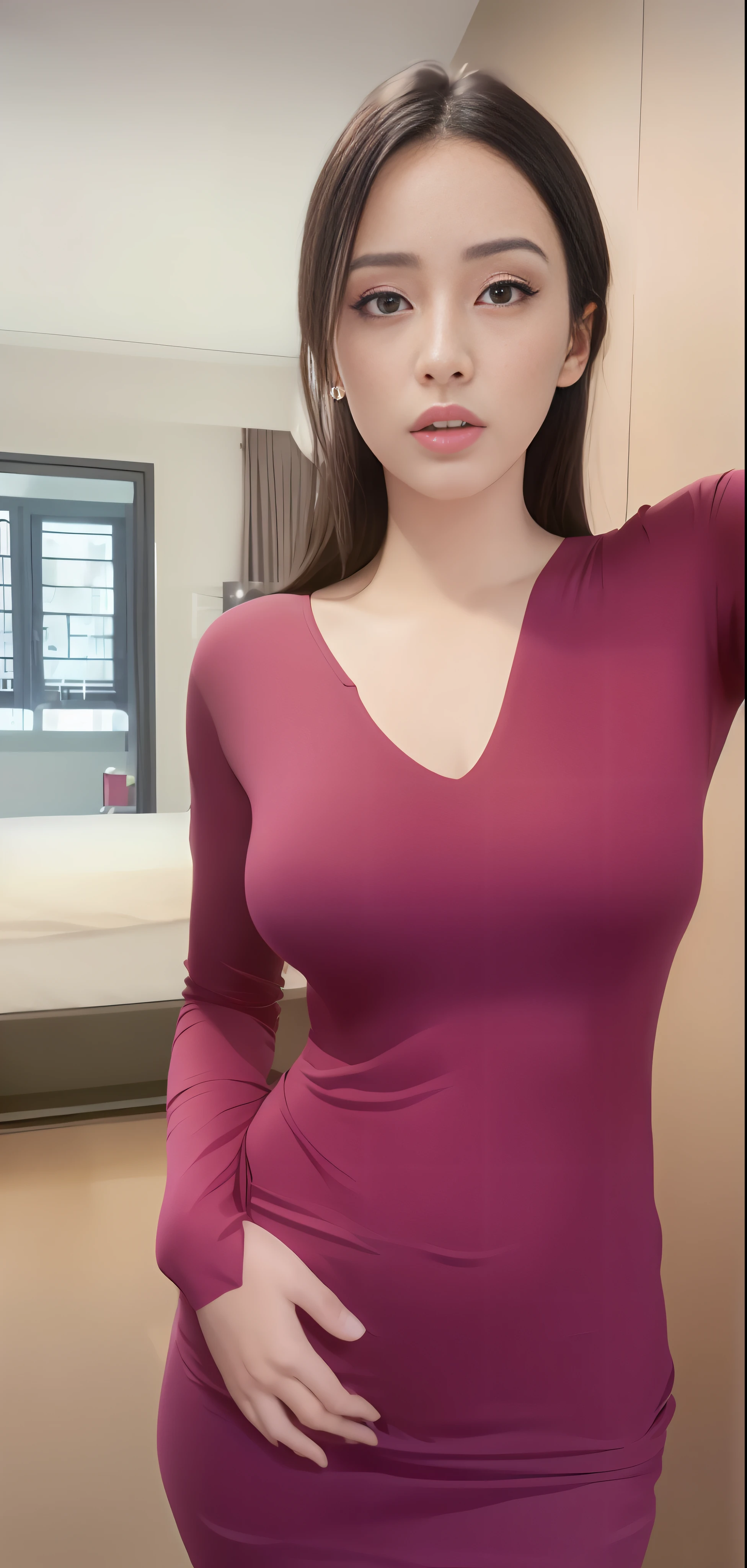 araffe woman in a pink shirt posing for a picture, wearing tight shirt, tight shirt, open v chest clothes, wearing tight simple clothes, sexy dress, sie boob, purple top, busty, thick neck, cleavage, wearing leotard, 1 8 yo, revealing clothes, tight dress, sexy body, soft curvy shape, wearing v - neck top,  masterpiece, superdeformed, full body: 1.2, ultra high res, RAW photo, masterpiece, ultra detailed, 8k, full detailed hair, highres, best quality, ultra high res, ultra detailed face and eyes, (photorealistic:1.4), looking at viewer, smiling, cute,  (ray tracing:1.4), (long legs:1.4), Best quality , masterpiece, large hip, Fully facial detailed, beautiful, ((very detailed of hair )) , (((18 years old))), thin lips, big eyes, highres, seducing, blue eyes , slim waist, 8k, 16k, highres,
karol bak uhd, inspired by hajime sorayama,