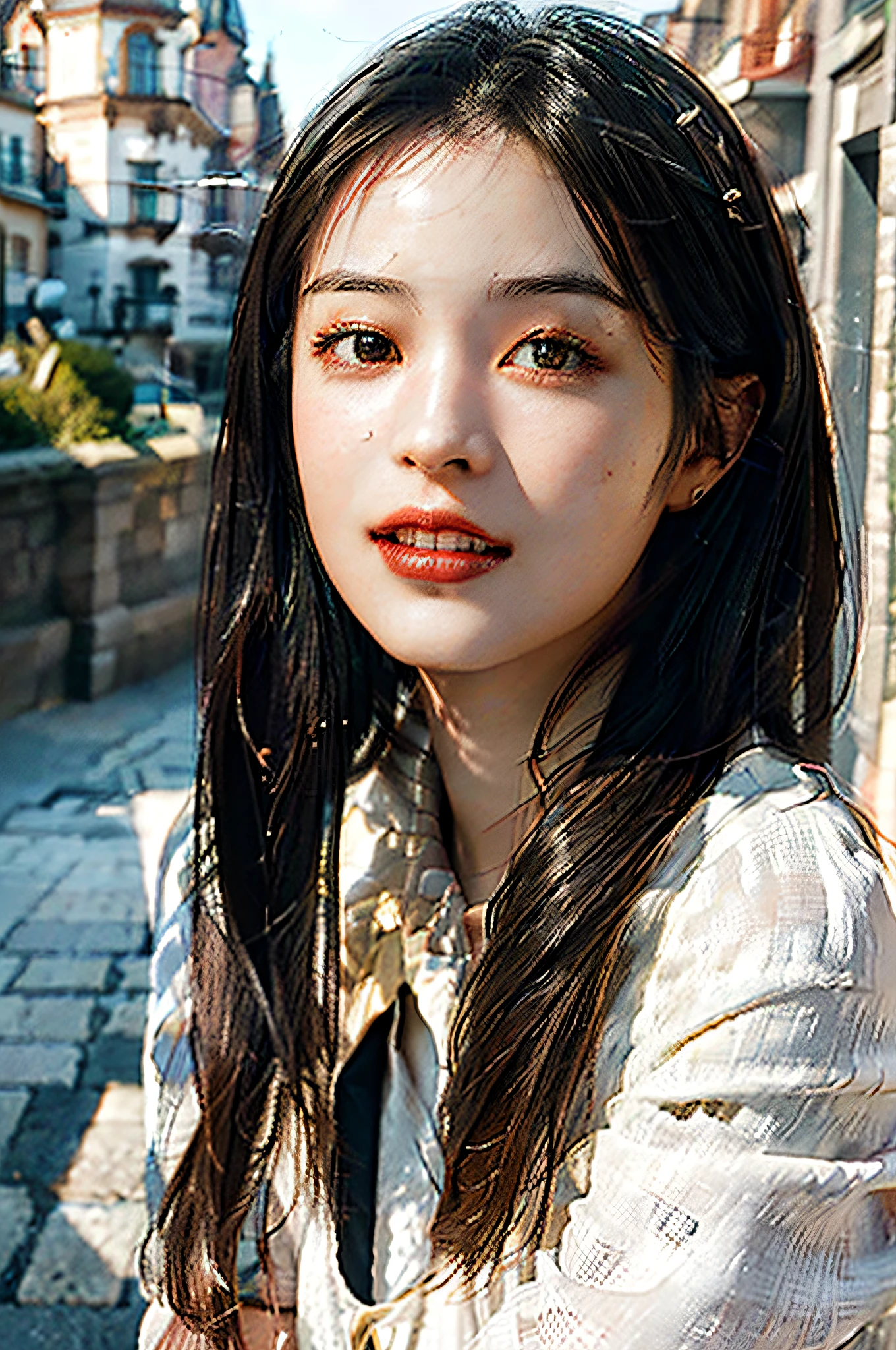(Masterpiece, Best Quality, Beautiful Quality, Realistic, Looking at the Viewer, Detailed Lighting, Detailed Skin, Detailed Hair, Detailed Teeth, Background European Architecture, Shadows, 8K:1.2), (Photo of a Woman, 1 Girl: 1.2),