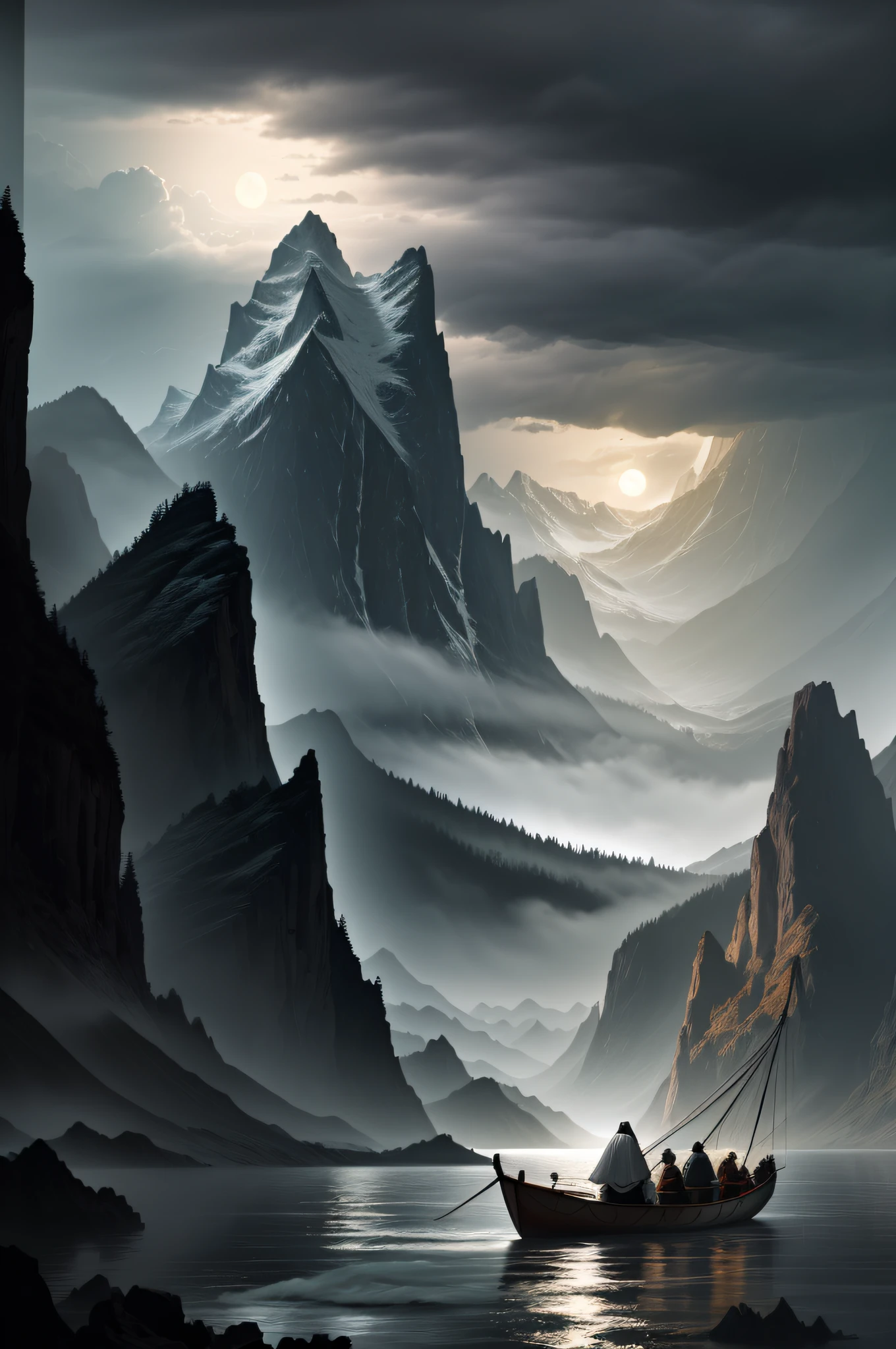 Jesus with his disciples inside a small fishing boat on a lake in a valley surrounded by some mountains facing a violent storm, overcast sky, violent waves, full moon, dark, cinematic, realistic scene, detailed, photorealism, 8k