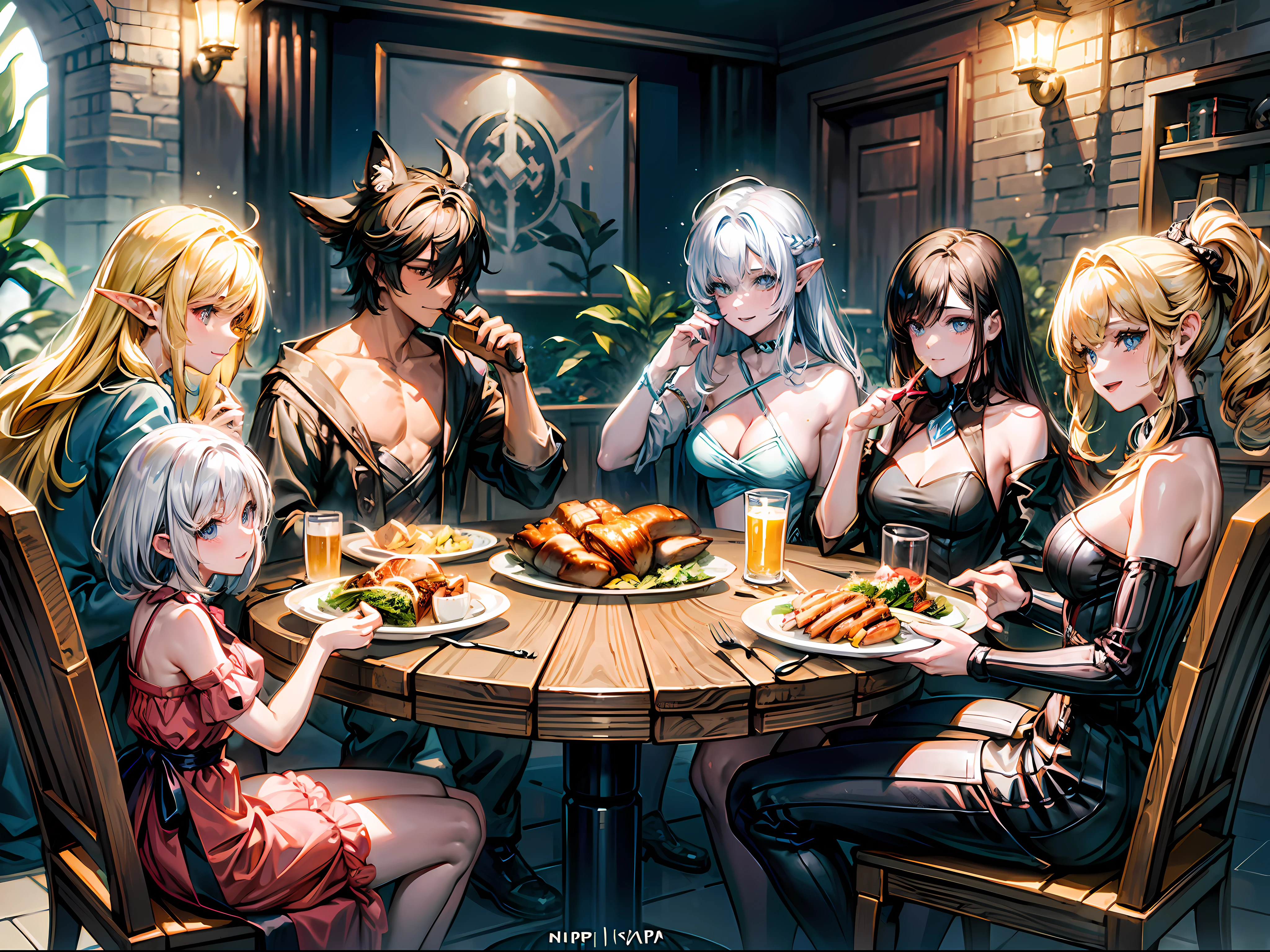 , An otherworldly party,5 people of of 5 different race sit around a round table, they are happy and smile, the table is filled with food likes grilled chicken, salad ,beef ,steak, beer BREAK 5 people are a beautiful blonde elf woman, a short muscle dwarf, a cowboy, a black hair cat girl, and an old wizard BREAK fantasy, otherworldly fantasy, deep fantasy, happy atmosphere, BREAK,Detailed,Realistic,4k highly detailed digital art,octane render, bioluminescent, BREAK 8K resolution concept art, realism,by Mappa studios,masterpiece,best quality,official art,illustration,ligne claire,(cool_color),perfect composition,absurdres, fantasy,focused,rule of thirds