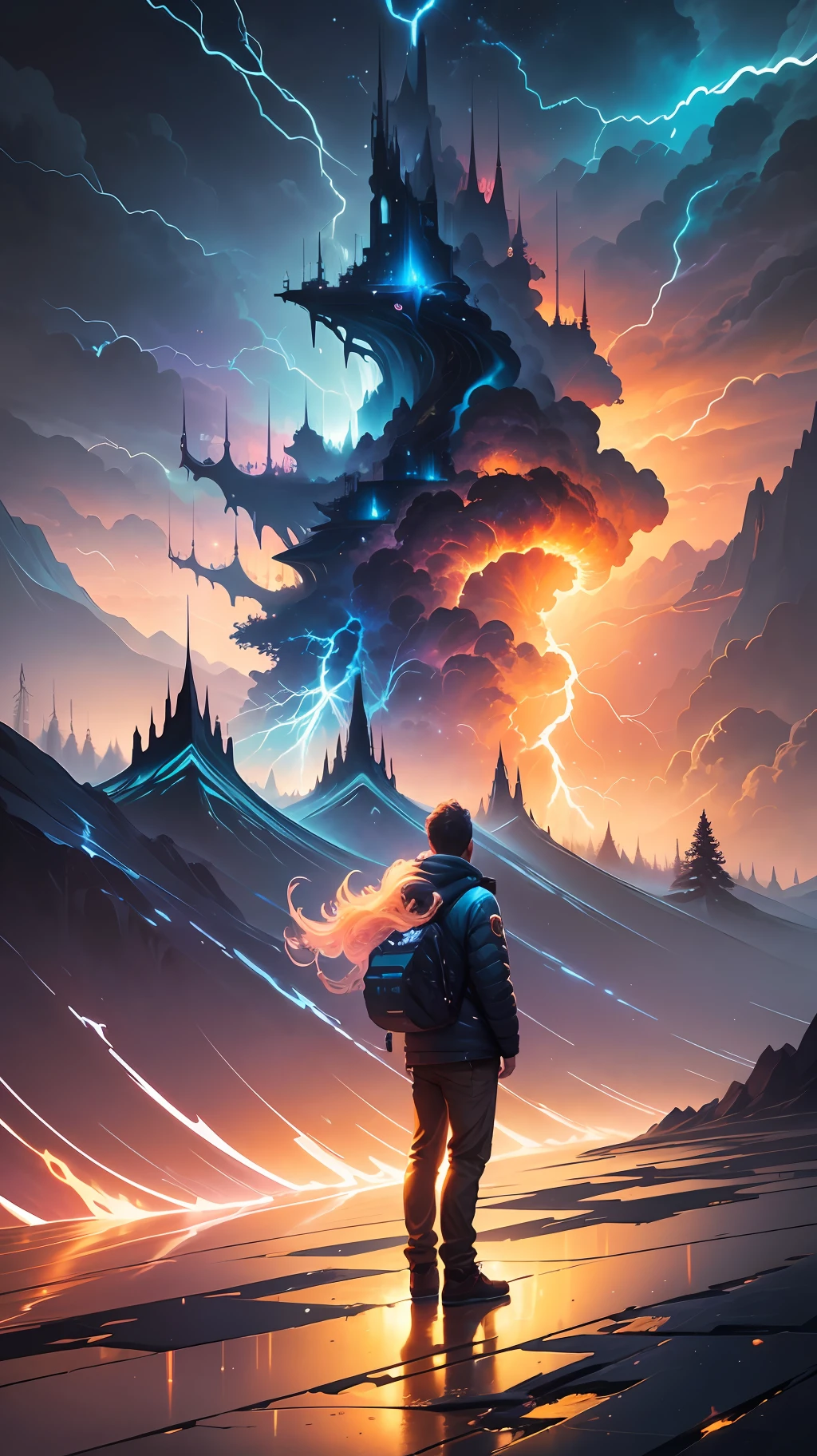 a man standing in front of lightning in the sky, fractal thunder dan mumford, incredible lightning art, surreal lighting, inspired by Cyril Rolando, splashes of lightning behind her, lightning creating life, she's attracting lightning, Cyril Rolando and Christopher Balaskas' Goro Fujita in Cyril Rolando style.