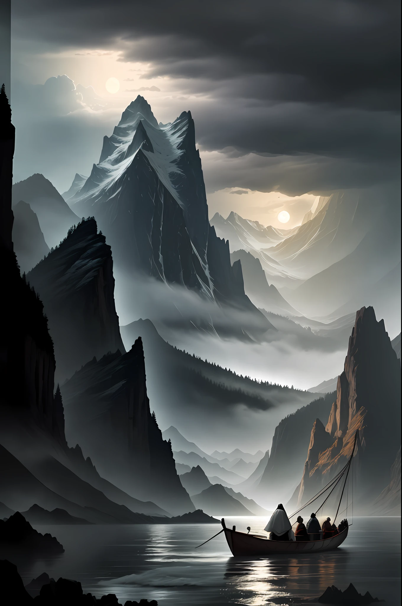 Jesus with his disciples inside a small fishing boat on a lake in a valley surrounded by some mountains facing a violent storm, overcast sky, violent waves, full moon, dark, cinematic, realistic scene, detailed, photorealism, 8k