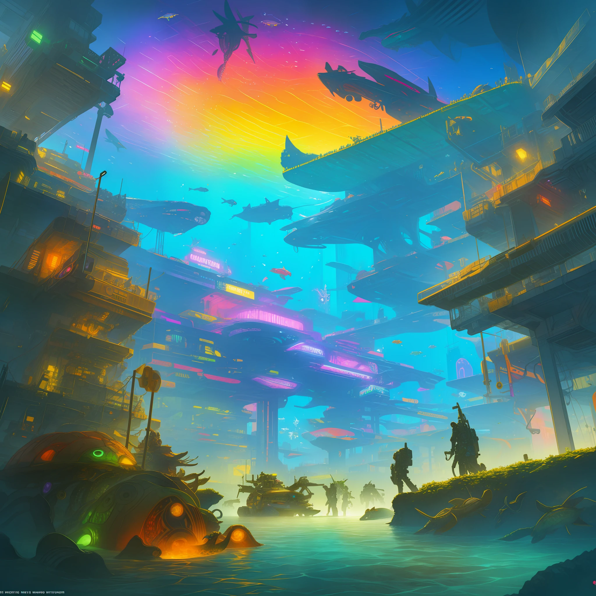 Rainbow-colored turtles, chaotically arranged, many fins and tentacles swimming underwater, sci-fi cyberpunk, stalenhag, epic reality, intricate details, intricate, cinematic, detailed