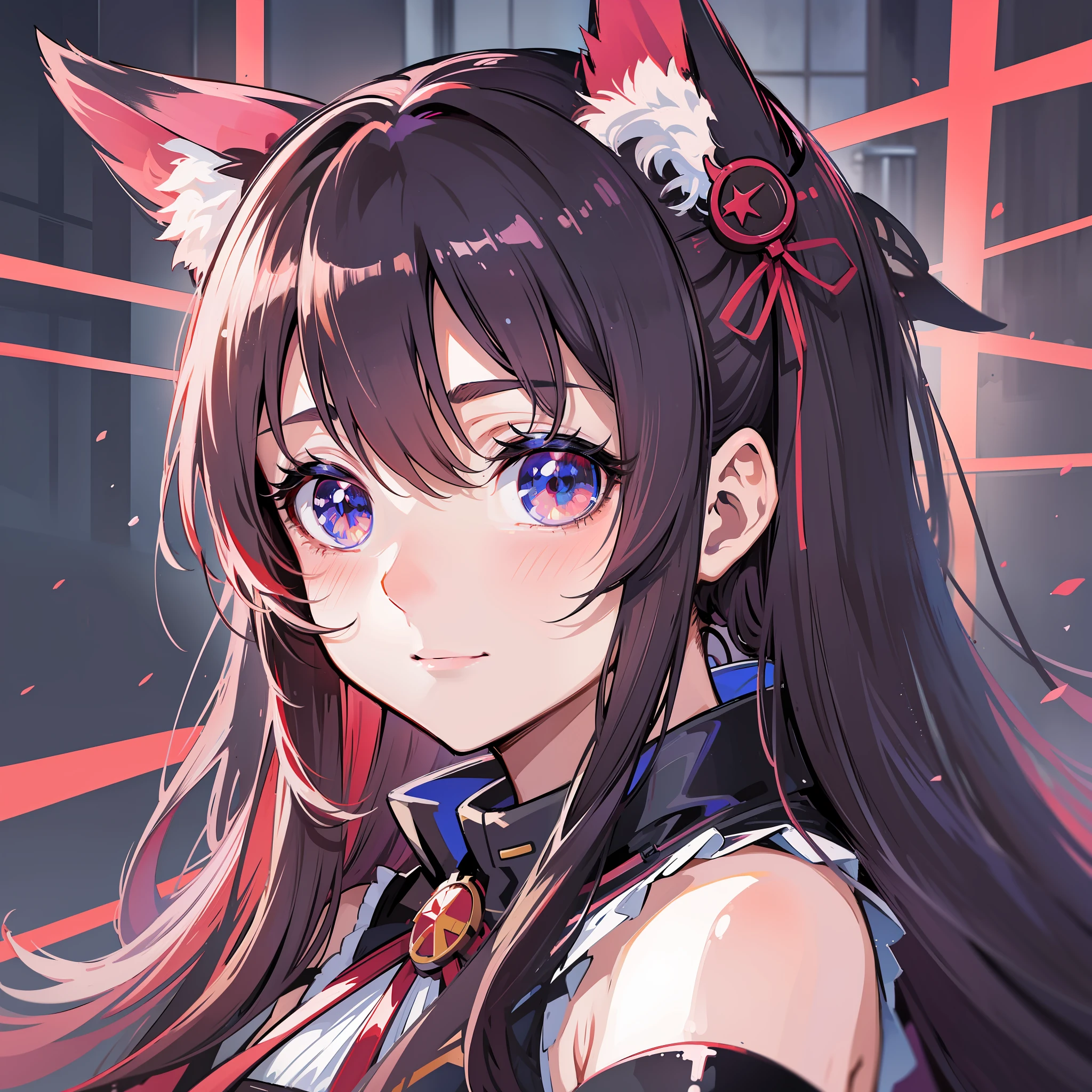 ((Best Quality, 8K)) Anime Girl with Long Hair and Cat Ears, Rin Tosaka, Anime Moe Art Style, Anime Style Like Fate/stay night, Long Hair Anime Girl, Very Cute Anime Girl Face, Nightcore, From Girl Frontline, Cute Anime Girl Portrait, Anime Girl with Cat Ears, High Quality Anime Art Style, Beautiful anime woman red ribbon in hair smile
