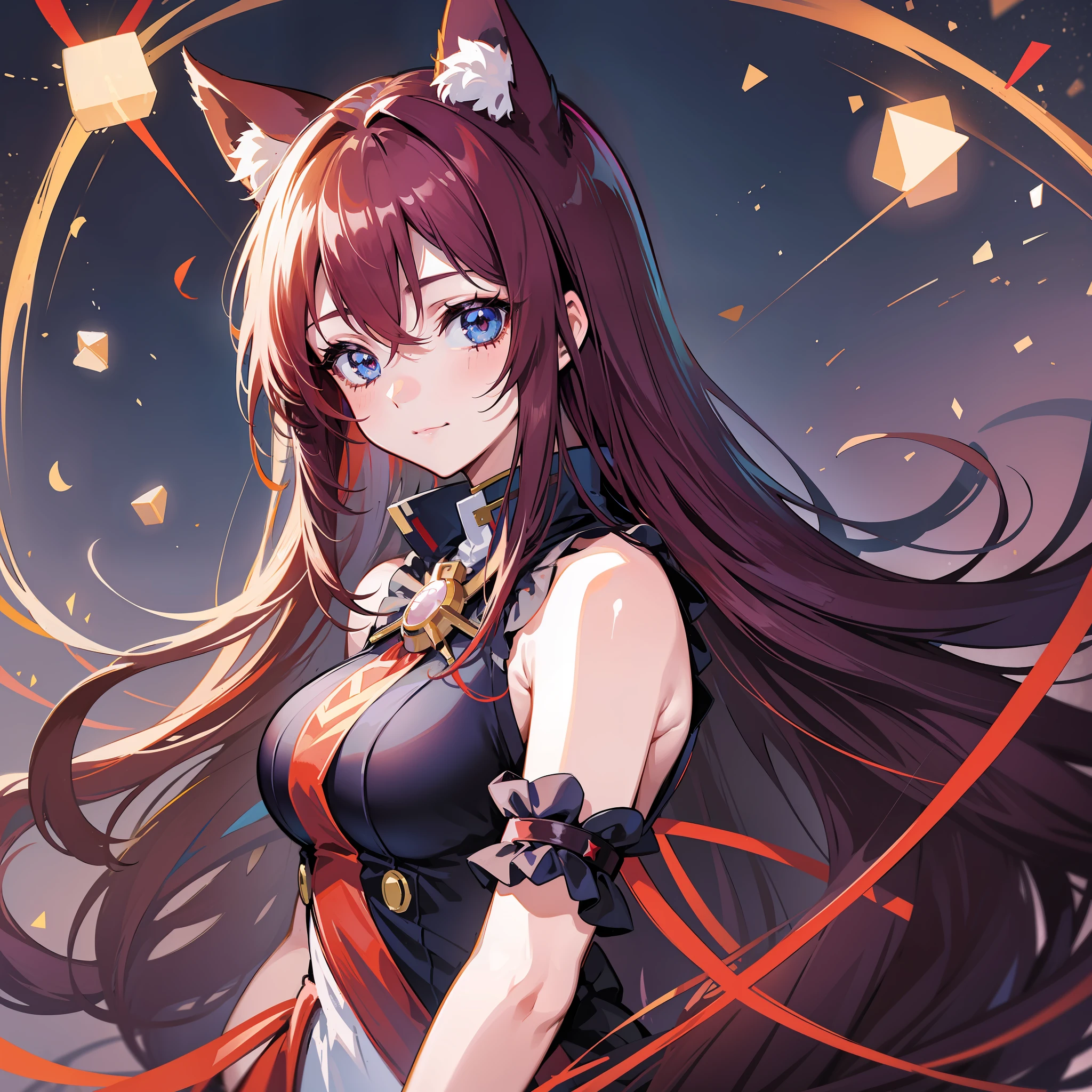 ((Best Quality, 8K)) Anime Girl with Long Hair and Cat Ears, Rin Tosaka, Anime Moe Art Style, Anime Style Like Fate/stay night, Long Hair Anime Girl, Very Cute Anime Girl Face, Nightcore, From Girl Frontline, Cute Anime Girl Portrait, Anime Girl with Cat Ears, High Quality Anime Art Style, Beautiful anime woman red ribbon in hair smile gorgeous red dress