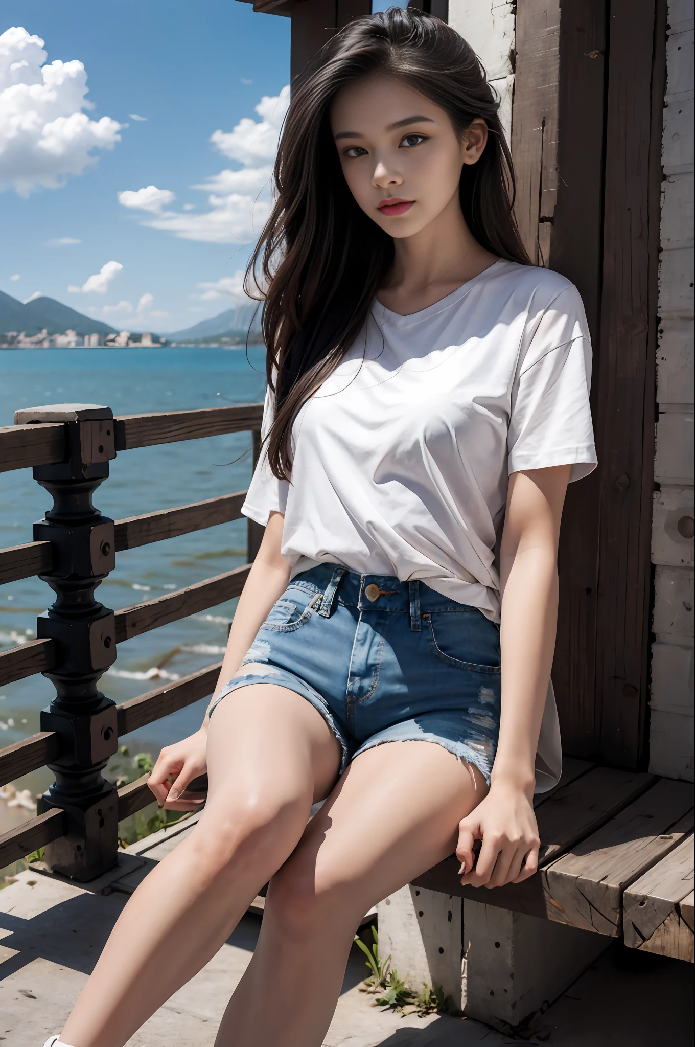 Best quality, masterpiece, super high resolution, (realistic: 1.4), original photo, (evening street), 1 girl, black eyes, long hair, light makeup, lips, small ears, white t-shirt, denim shorts, beauty in perfect shape: 1.4, (outdoor, seaside: 1.1), city street, super fine face, fine eyes, double eyelids, long legs