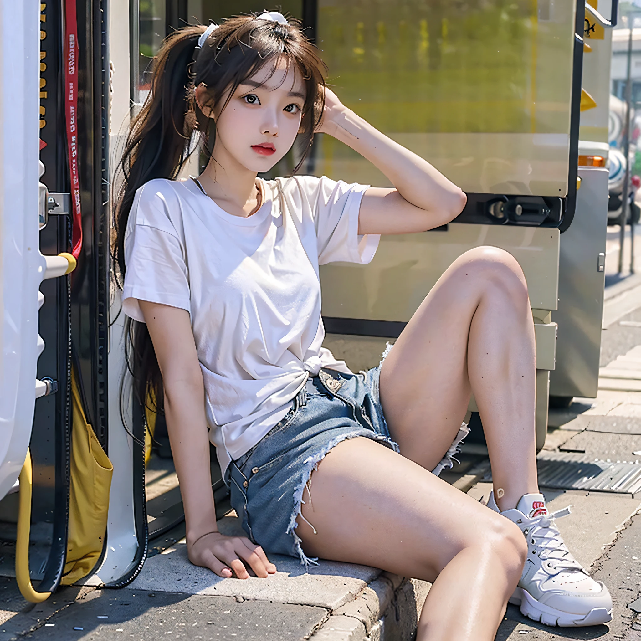 High quality, realistic, fine skin tone and face contours, a lively girl wearing white short sleeves, denim shorts and white sneakers tied in a ponytail.