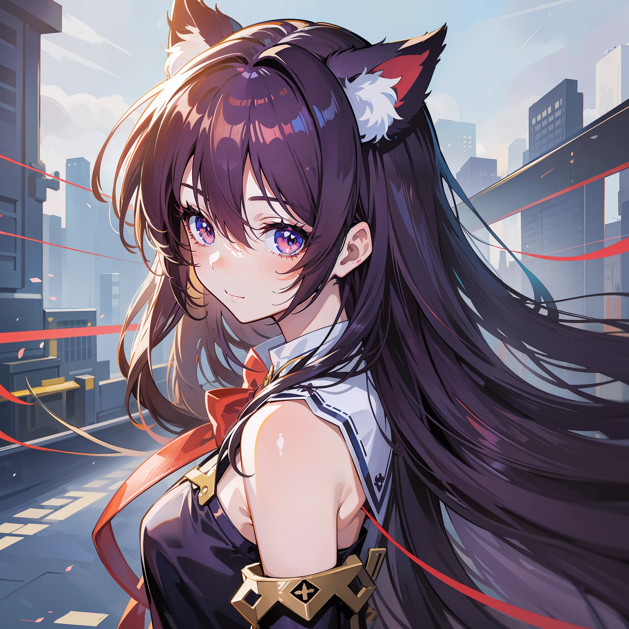 ((Best Quality, 8K)) Anime Girl with Long Hair and Cat Ears, Rin Tosaka, Anime Moe Art Style, Anime Style Like Fate/stay night, Long Hair Anime Girl, Very Cute Anime Girl Face, Nightcore, From Girl Frontline, Cute Anime Girl Portrait, Anime Girl with Cat Ears, High Quality Anime Art Style, Beautiful anime woman red ribbon in hair smile gorgeous red dress