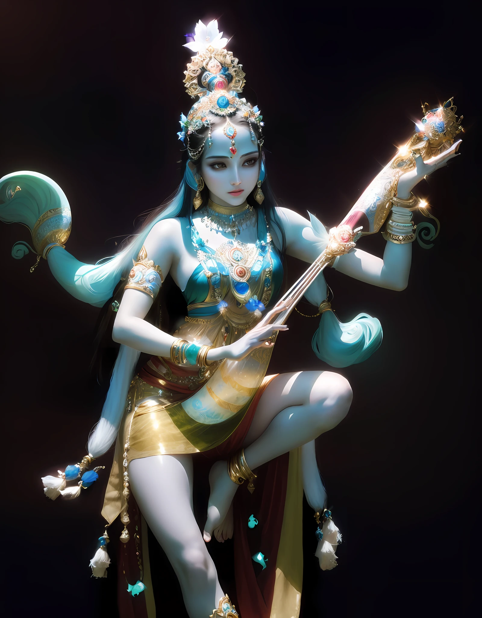 A woman dancing with a pipa, the whole body is displayed, dancing barefoot, stepping on lotus flowers, the colors are real and natural, the skin is lustrous and vivid, the background sun has round light, glowing light, fantasy wonderland. Hindu gods, Hindu gods, extremely detailed footage of goddesses, goddesses. Extremely high detail, attractive goddess, goddess of love and peace, indian goddess of wealth, goddess of brunette hair, goddess of beauty, 3D portrait of goddess, amazing portrait of goddess, portrait of goddess of beauty