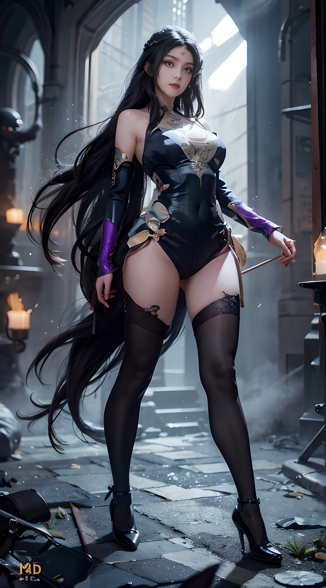 Ultra detailed, realistic, (1girl), (detailed background), [(detailed face): 14], (detailed nose red), (huge chest), daylight detail, (high detail skin: 1.4), pale skin, (dark eye detail: 1.4), (big eyes), high detail, {best quality}, {{masterpiece}, {high detail}, original, very detailed 8K wallpaper, masterpiece, best quality, fine detail eyes, normal hands, best quality, masterpiece, super high resolution, full body, Lei Linggeng, fighting stance, long hair, solo, black hair, breasts, tights, floating hair, glowing eyes, parted lips, purple eyes, smoke, looking at the audience, large breasts, very long hair, black tights, outstretched arms, electricity.